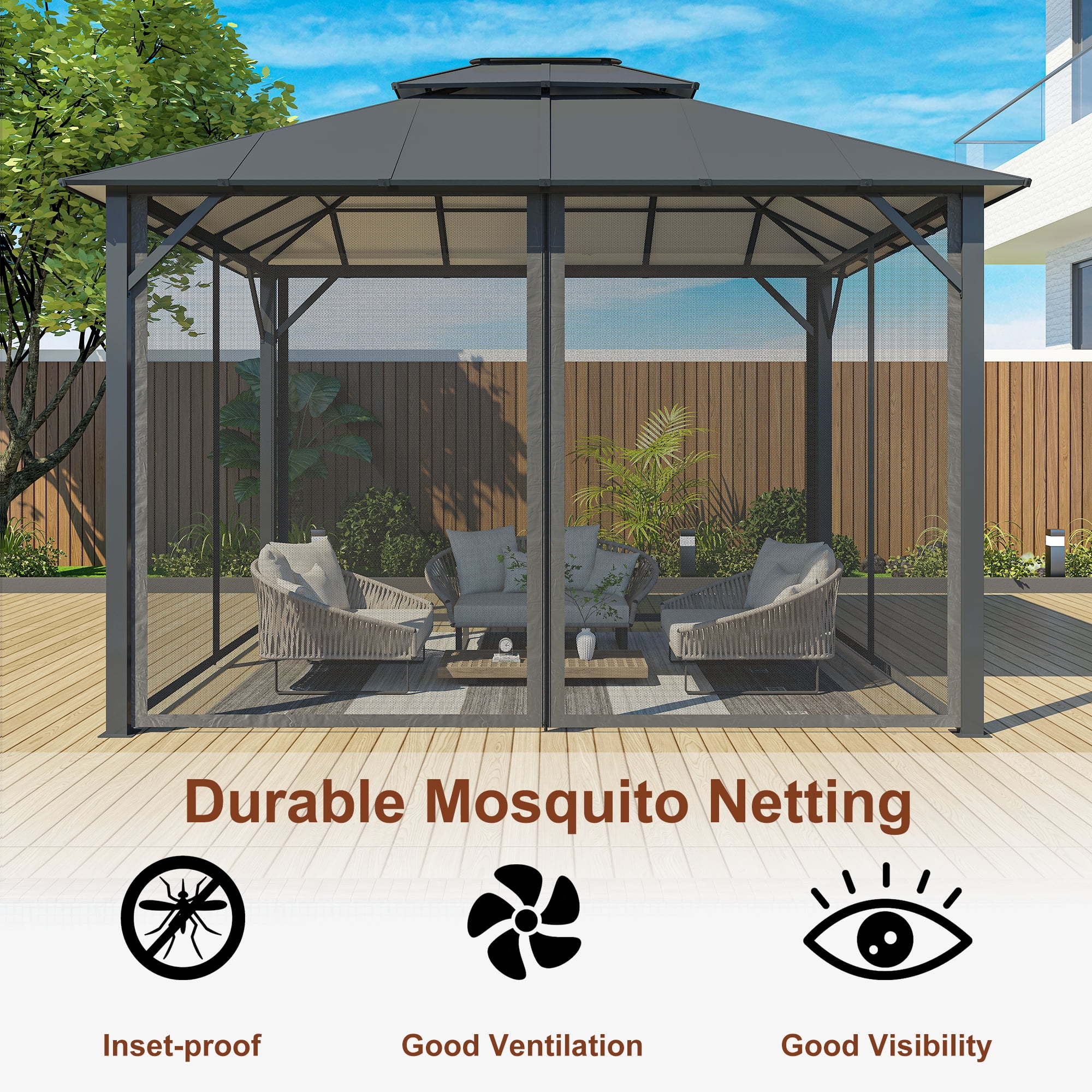 Mondawe 10'x12' Outdoor Hardtop Gazebo Insulated Aluminum Gazebo with Netting and Double Roof - Ideal Canopy Tent for Patio,Parties,Beach