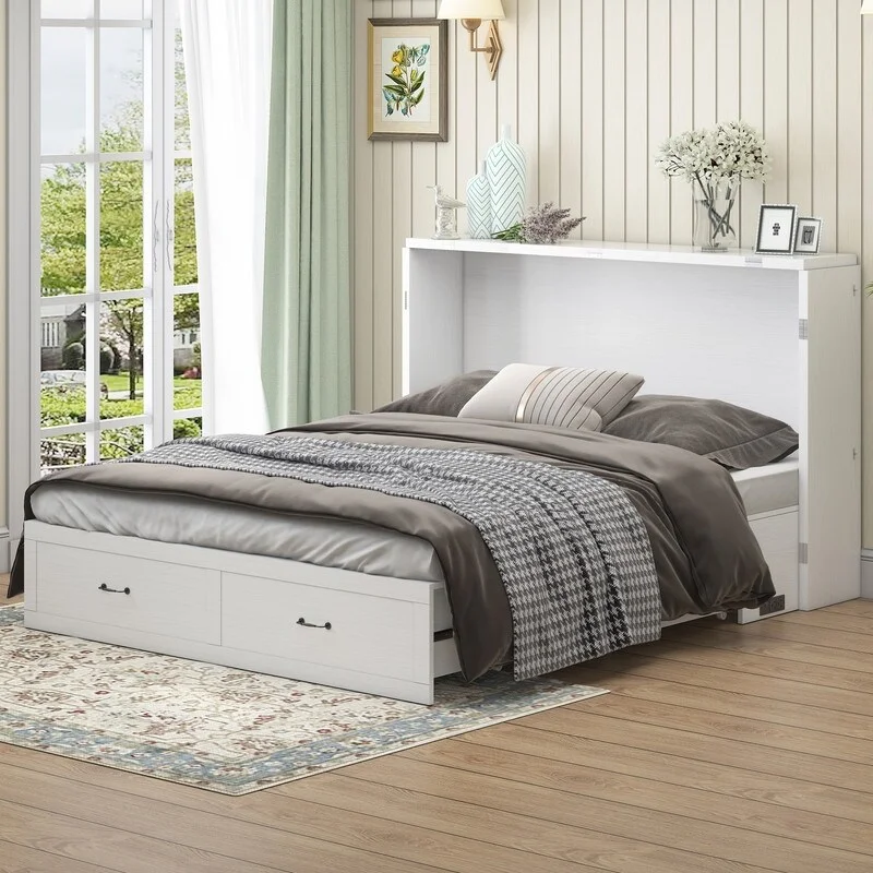 Mixoy Murphy Bed with Mattress,Foldable Space-Saving Cube Cabinet Bed White - Queen