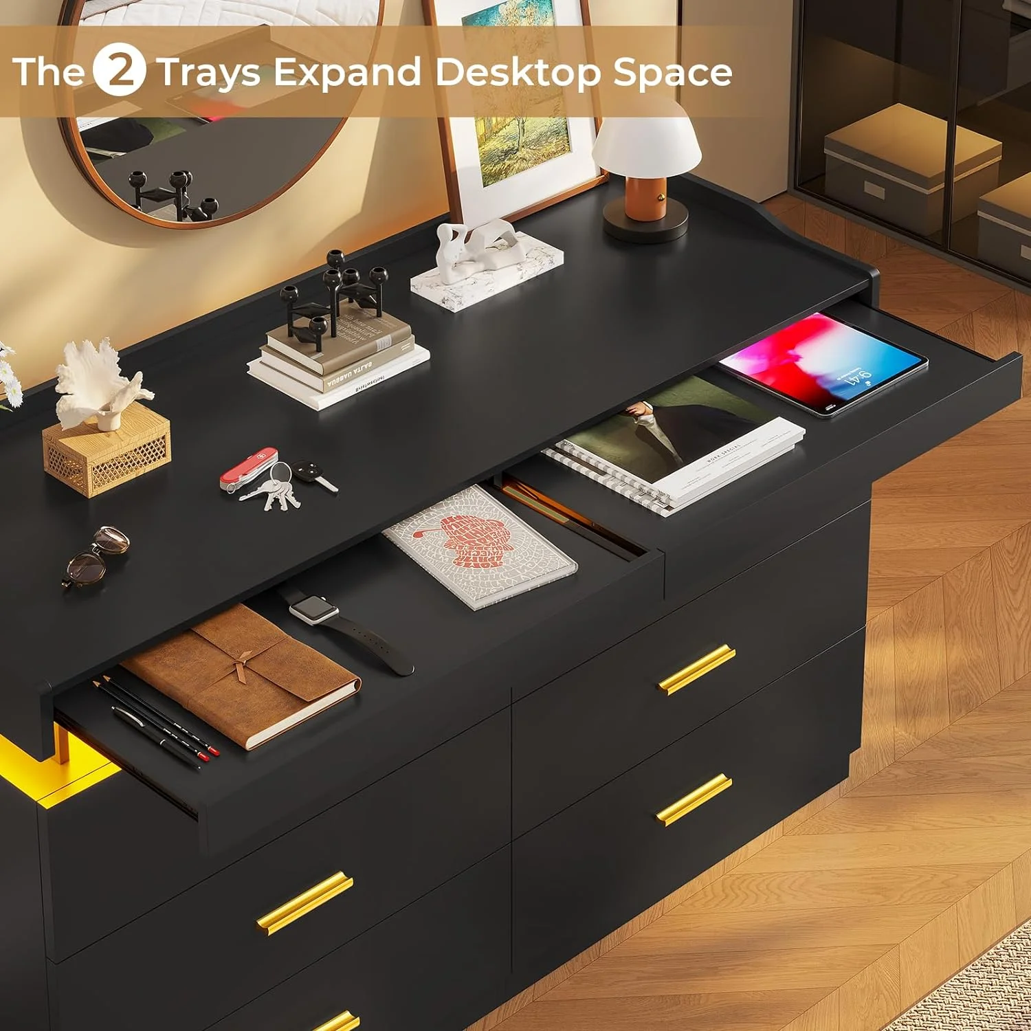 LED Dresser Black Chest of Drawers for Bedroom with 6 Drawers, Double Dresser with Pull-Out Trays for Living Room Entryway