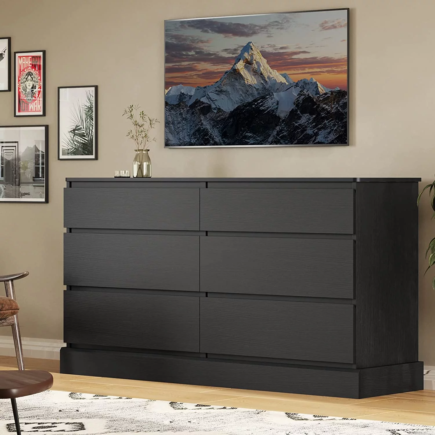 6 Drawer Double Dresser, Large Storage Cabinet for Bedroom, Hallway, Entryway, Black