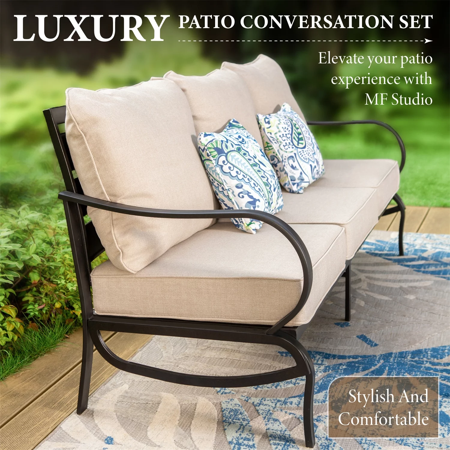 MF Studio 5-Seat Patio Conversation Set Metal Outdoor Furniture Sofa Set for 5 Person Beige