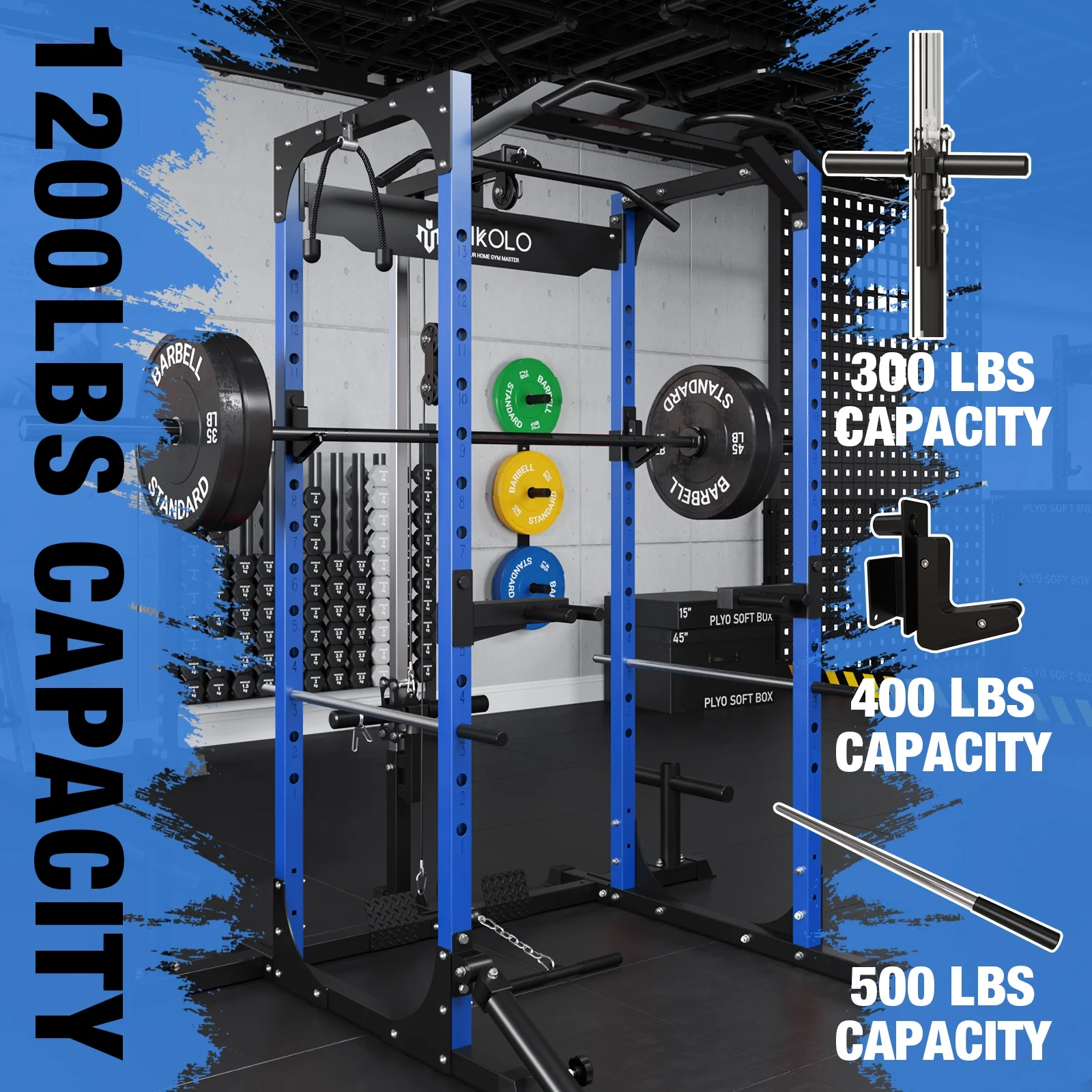 Mikolo Power Rack Cage with LAT Pulldown System, 1200LBS Capacity Power Rack, Multi-Functional Squat Rack with 13-Level Adjustable Height and J-Hooks, Dip Bars, T-Bar, Squat Cage(Upgraded)