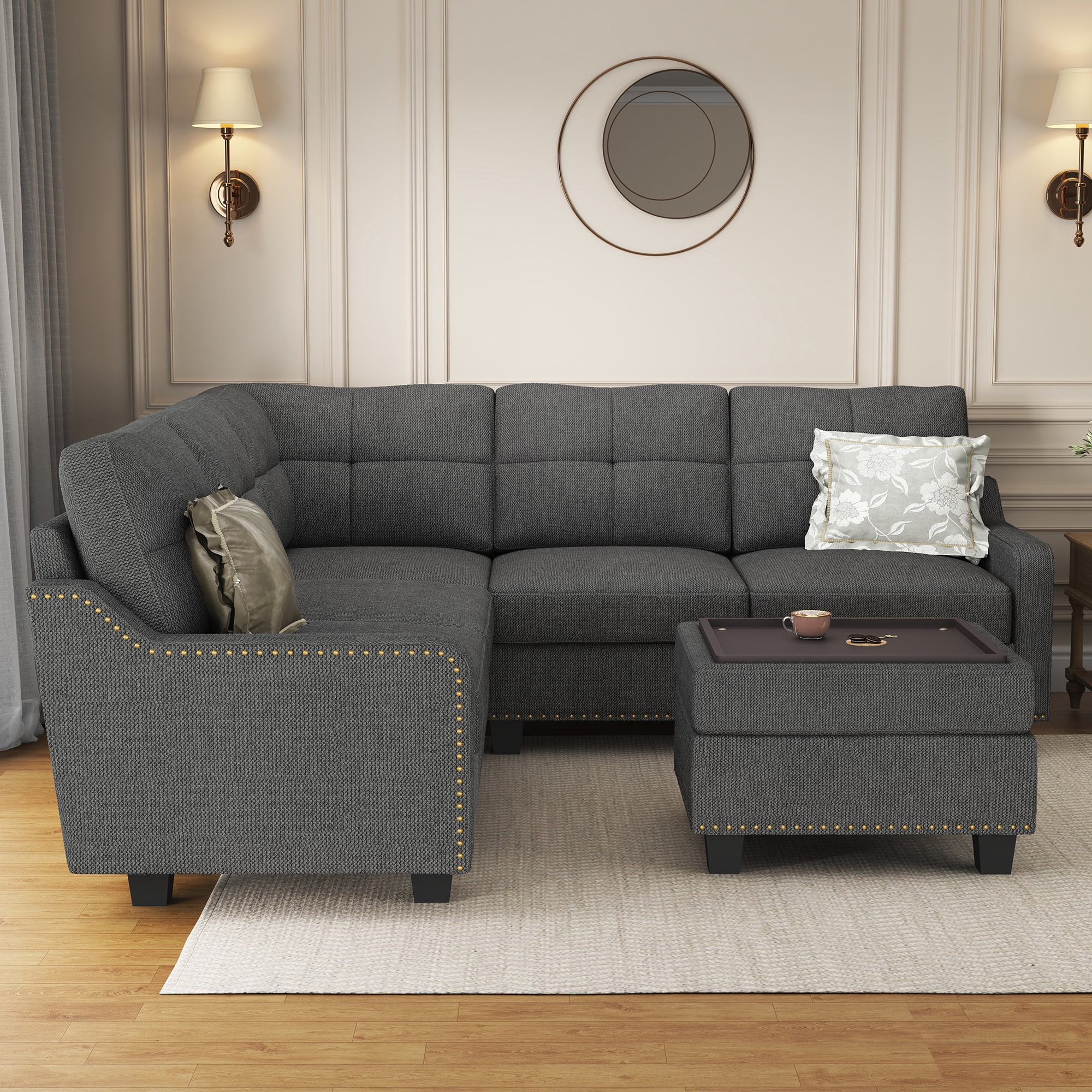 HONBAY Modern Convertible Nailhead Trim Sofa Set with Storage Ottoman, Dark Gray Sofa Set for Living Room