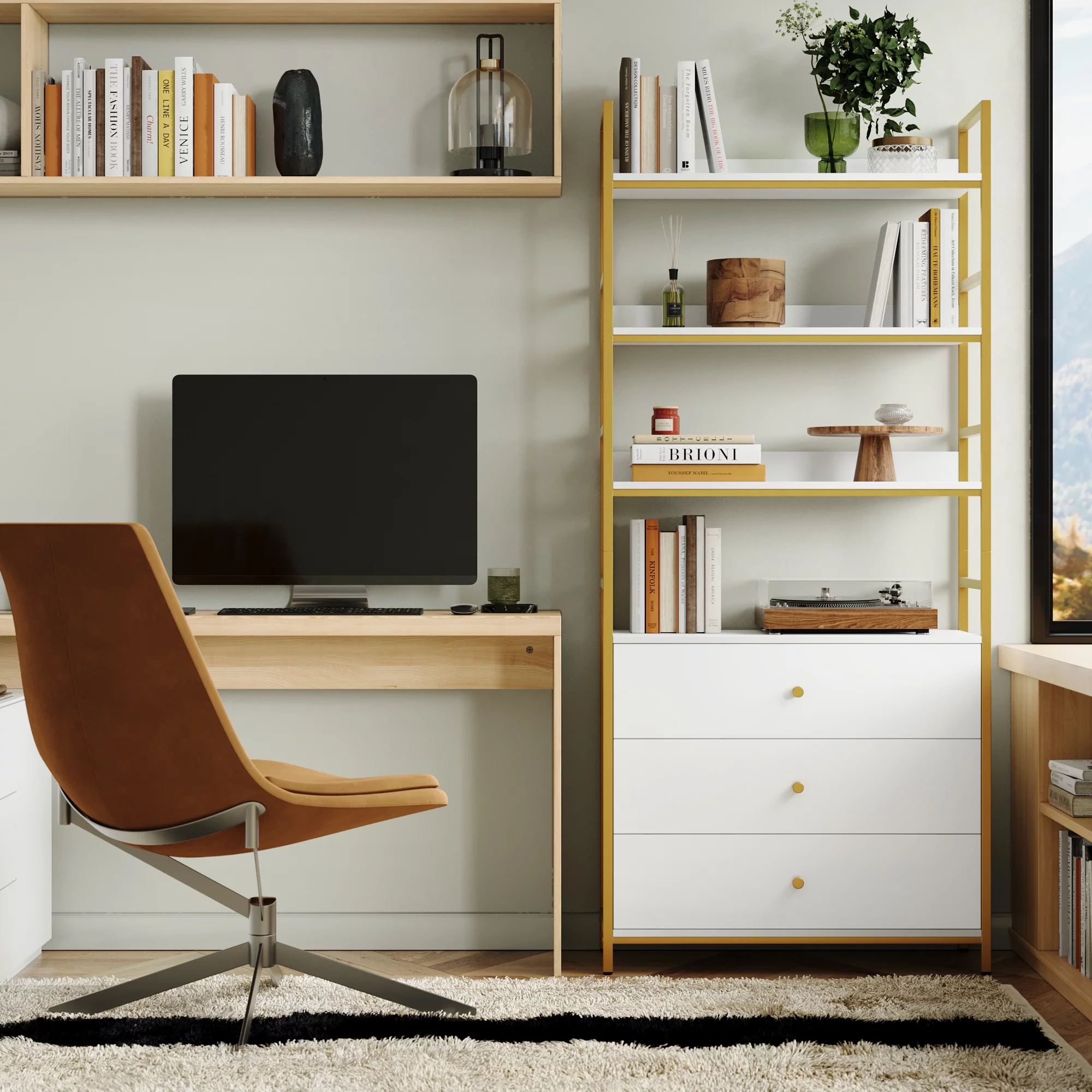 Homfa 4 Tier Gold Bookcase with 3 Drawers, Free Standing Bookshelf with Metal Frame for Office Study Room, White Finish