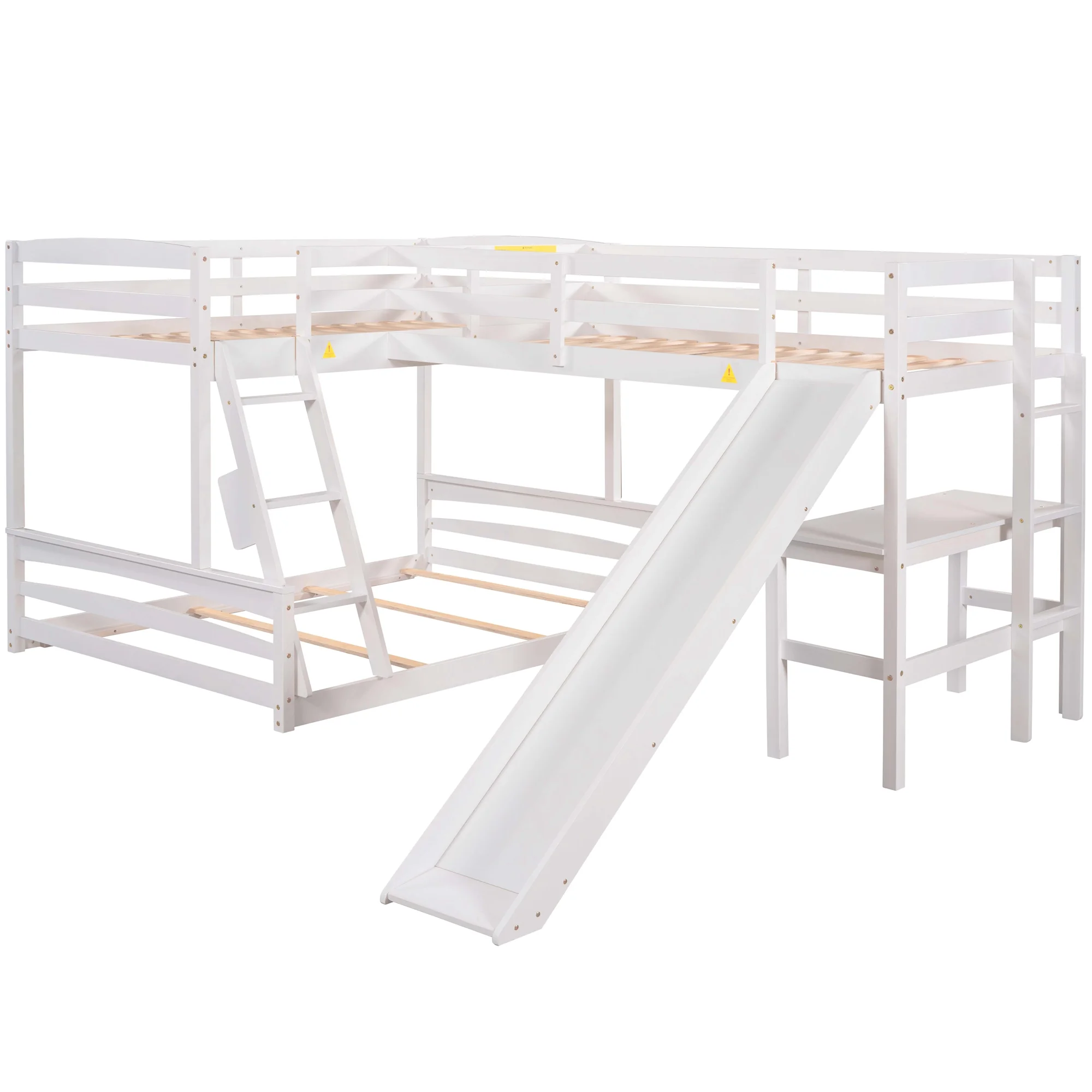 L Shaped Bunk Bed with Desk and Slide, Full-Length Guardrail, Wooden Twin over Full Bunk Corner Bed for Kids Teens Adults, 3 Beds in 1(White)