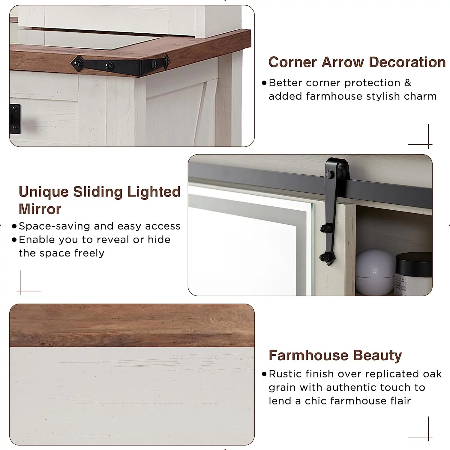 OKD Farmhouse Rustic Vanity Set with Sliding Mirror and Lights, Makeup Vanity Table Desk for Bedroom, 4 Drawers and Adjustable Shelves, White