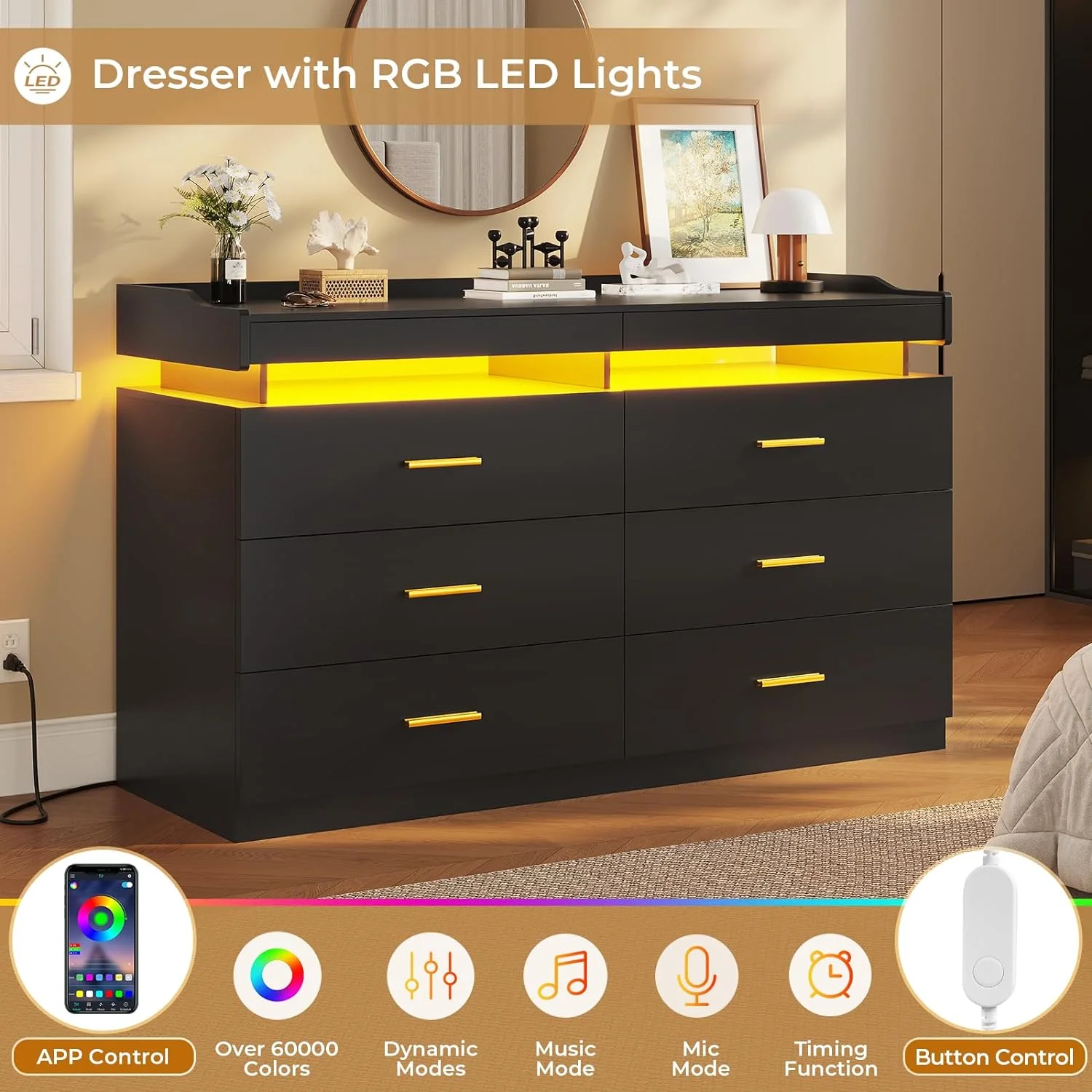 LED Dresser Black Chest of Drawers for Bedroom with 6 Drawers, Double Dresser with Pull-Out Trays for Living Room Entryway