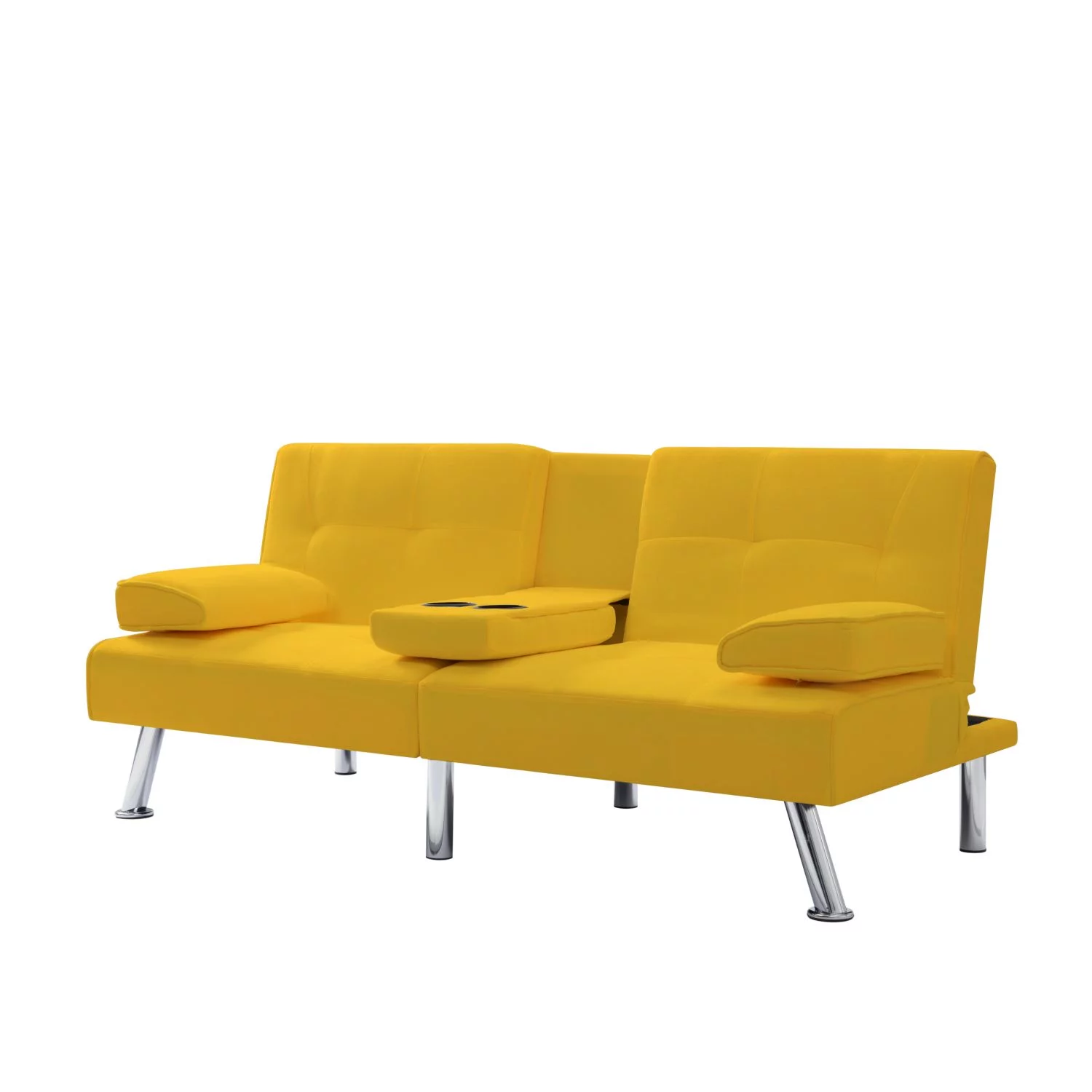 BSHTI 66.9 inch Futon Velvet Sleeper Sofa Bed and Drop Down Middle Back with 2 Cup Holders(Yellow)