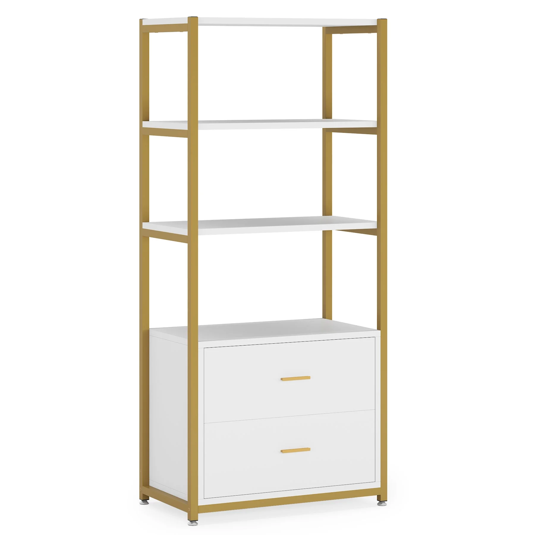 Tribesigns Bookcase, 4-Tier Bookshelf with 2 Drawers for Home Office (Gold/White)