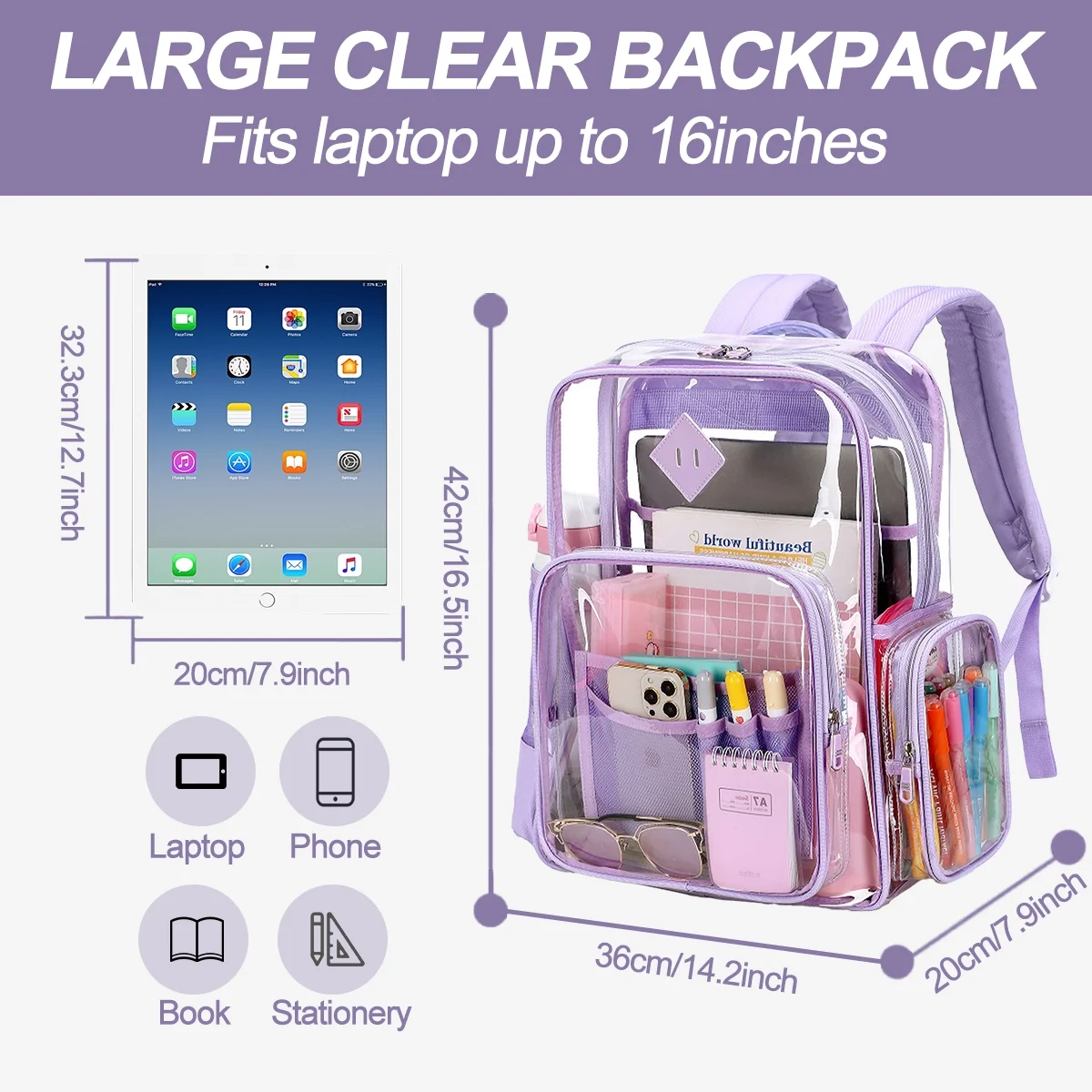 Sanmadrola Clear Backpack Heavy Duty Stadium Approved School Bookbag Large Waterproof PVC Transparent Backpacks for Kids Adults Clear Bag with Reinforced Strap for School Travel Purple