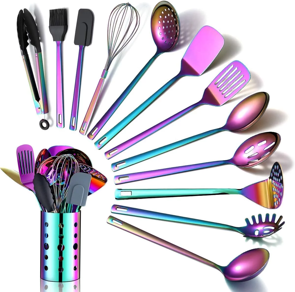 Just Houseware Rainbow Kitchen Utensils Set, 13-Piece Stainless Steel Cooking Utensils Set, Rainbow Cookware Kitchen Set With Utensil Holder For Non-Stick