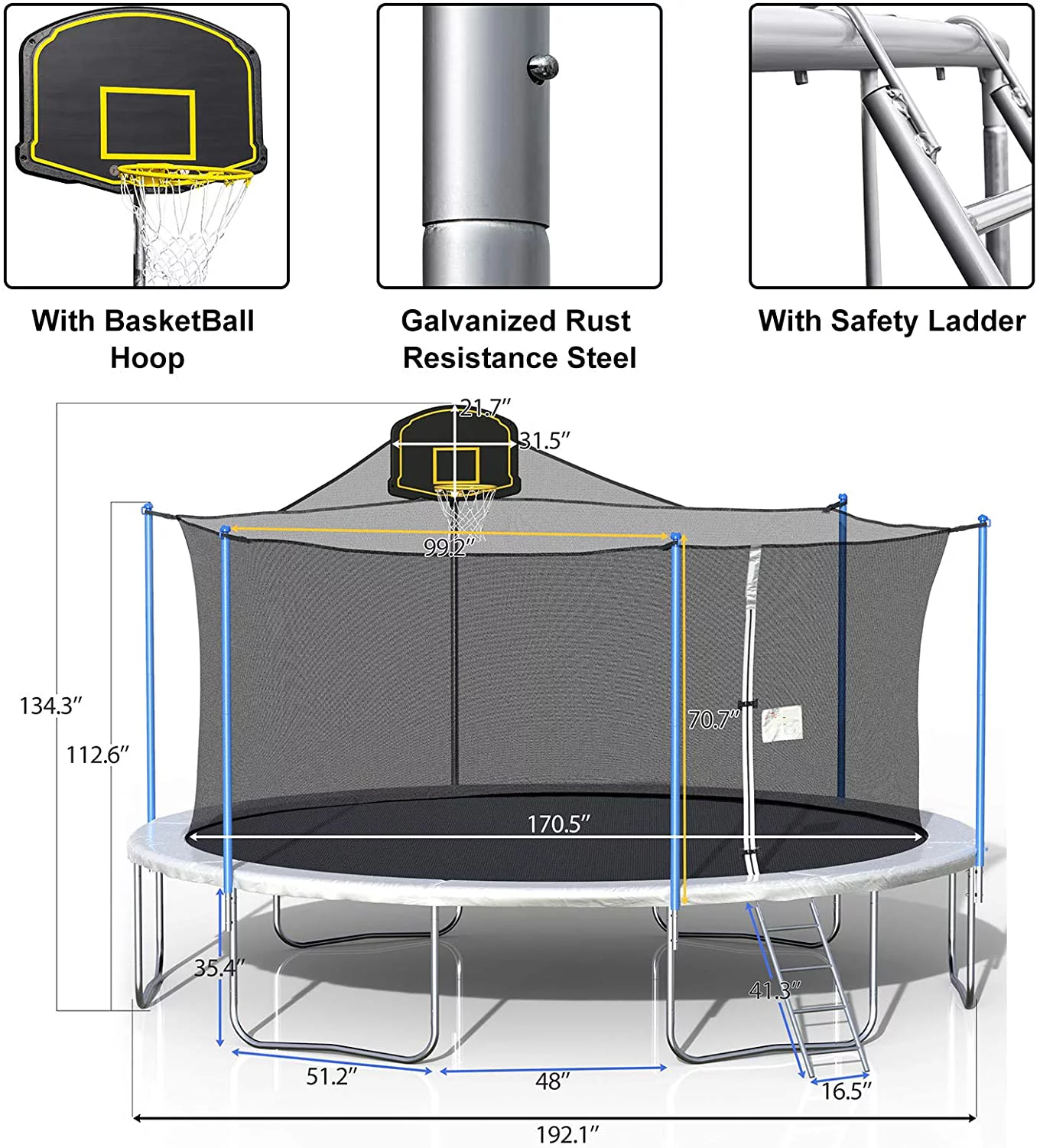 MOBICIA 1000LBS Tranpoline for Adults and Kids, 16FT Large Tranpoline with Safety Enclosure Net, Basketball Hoop and Ladder, Spring Pad Mat, Capacity for 6-8 Kids  Gray