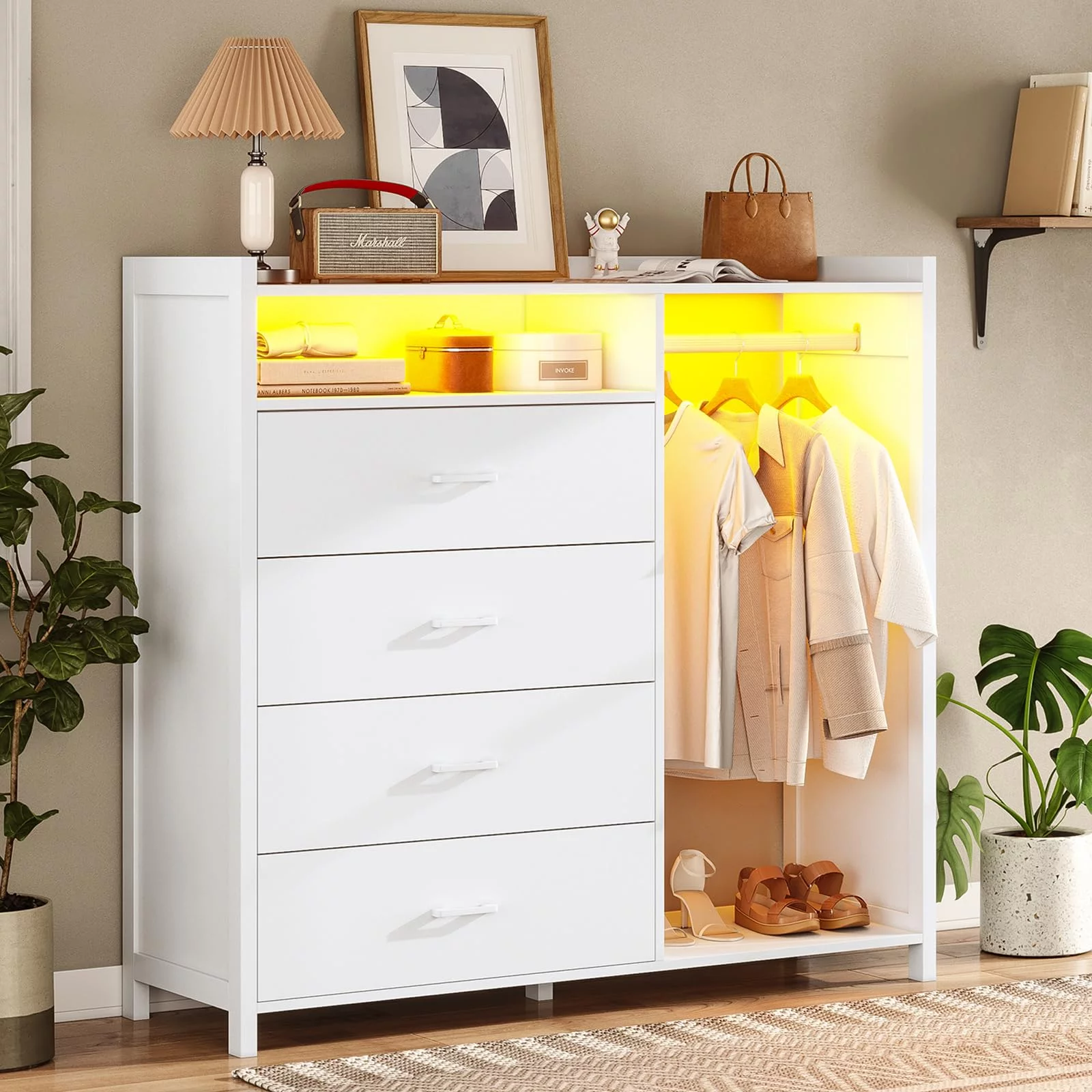 Afuhokles 4 Drawer Dresser for Bedroom with Clothing Rack, Dressers and Chests of Drawers with LED Lights, White