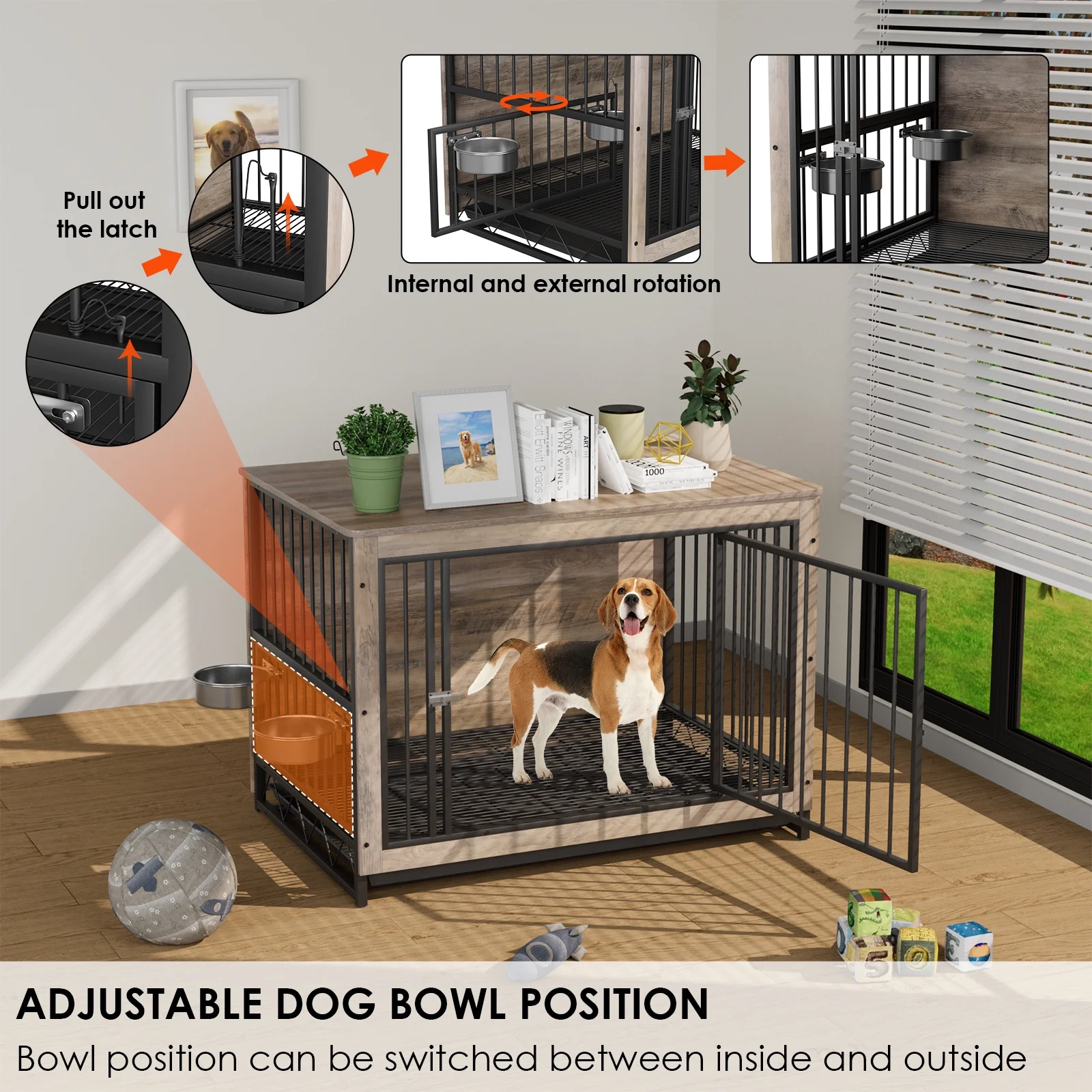 Pirecart  39.4in Wooden Dog Crate Furniture, Dog Kennels with Pull-Out Tray and 2 Bowls