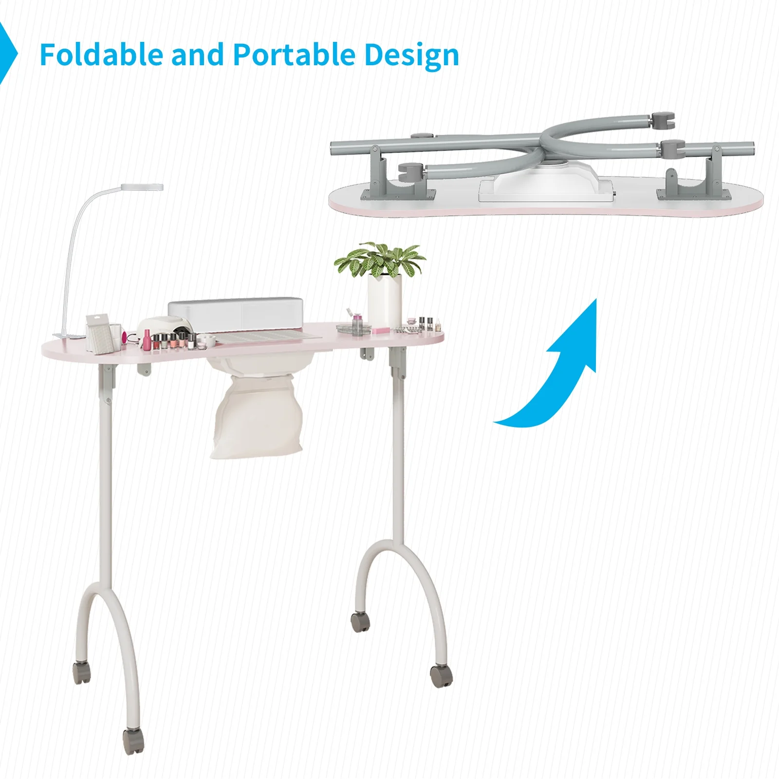 TABU Portable Folding Manicure Nail Table Station with Dust Collector Fan and Magnifying Glass Lamp,Pink