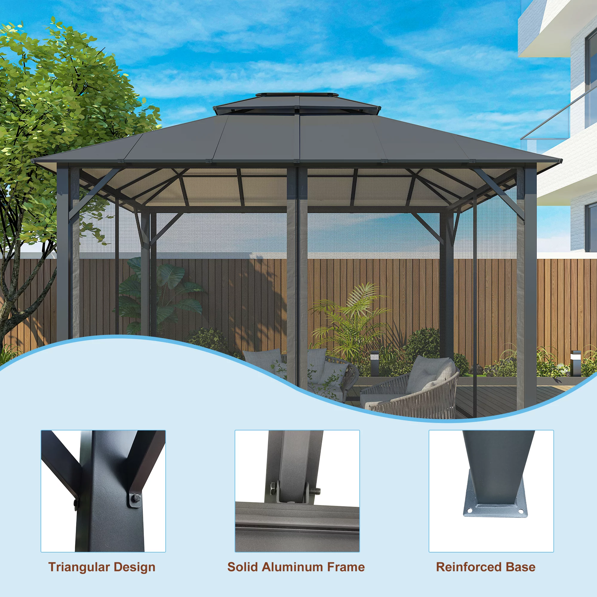 Mondawe 10'x12' Outdoor Hardtop Gazebo Insulated Aluminum Gazebo with Netting and Double Roof - Ideal Canopy Tent for Patio,Parties,Beach