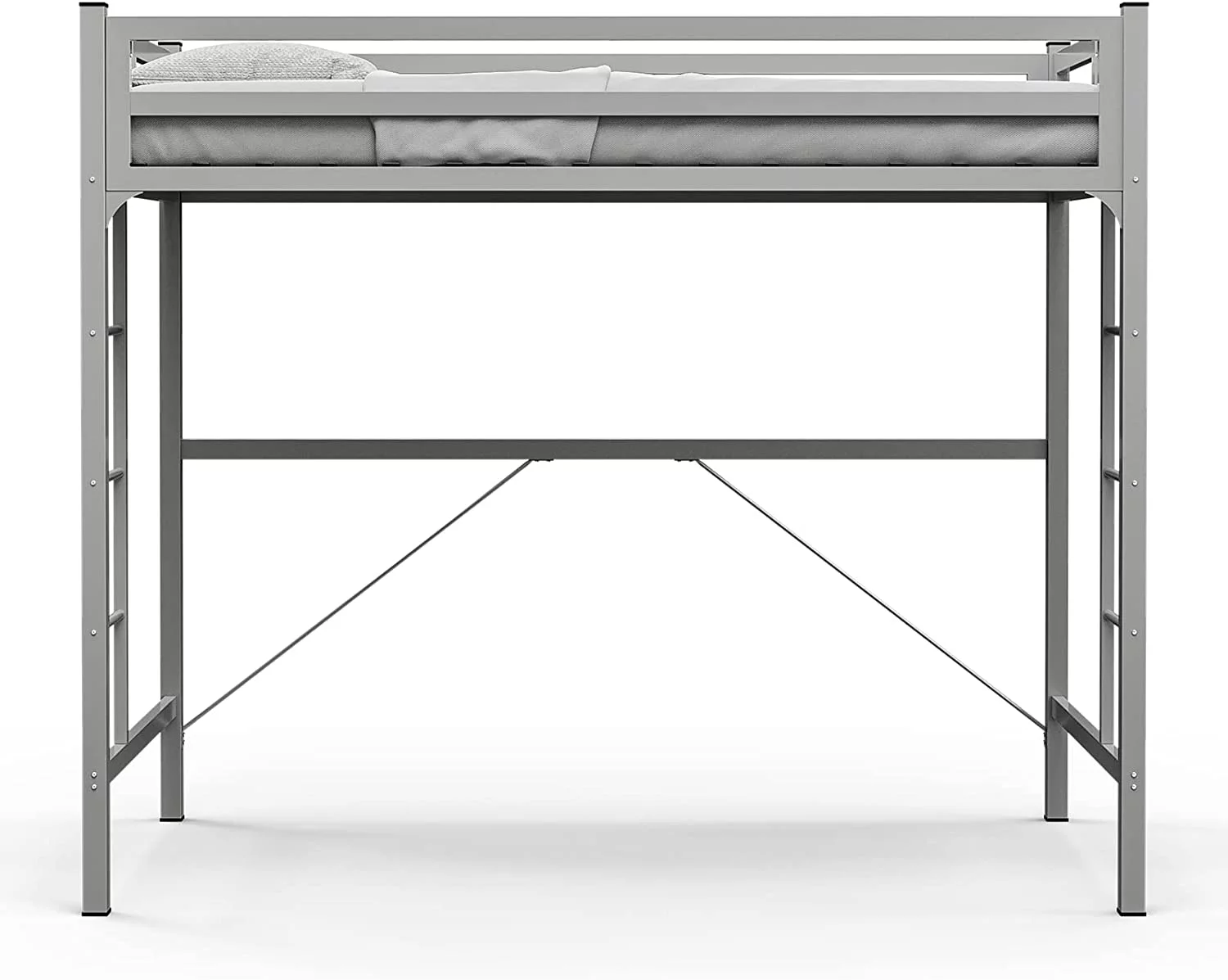 IKIFLY Metal Twin Size Loft Bed Frame - Heavy Duty Junior Loft Beds with 2 Ladders & Safety Guard Rail, Space-Saving, Noise Free, for Kids / Adults / Teens - Silver Grey