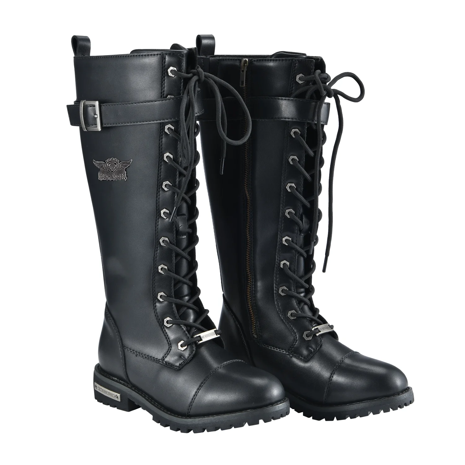 Dream Apparel Women's Knee High Riding Combat Boots PU Leather Motorcycle Boots with Side Zipper Laced Up Wide Calf Boots