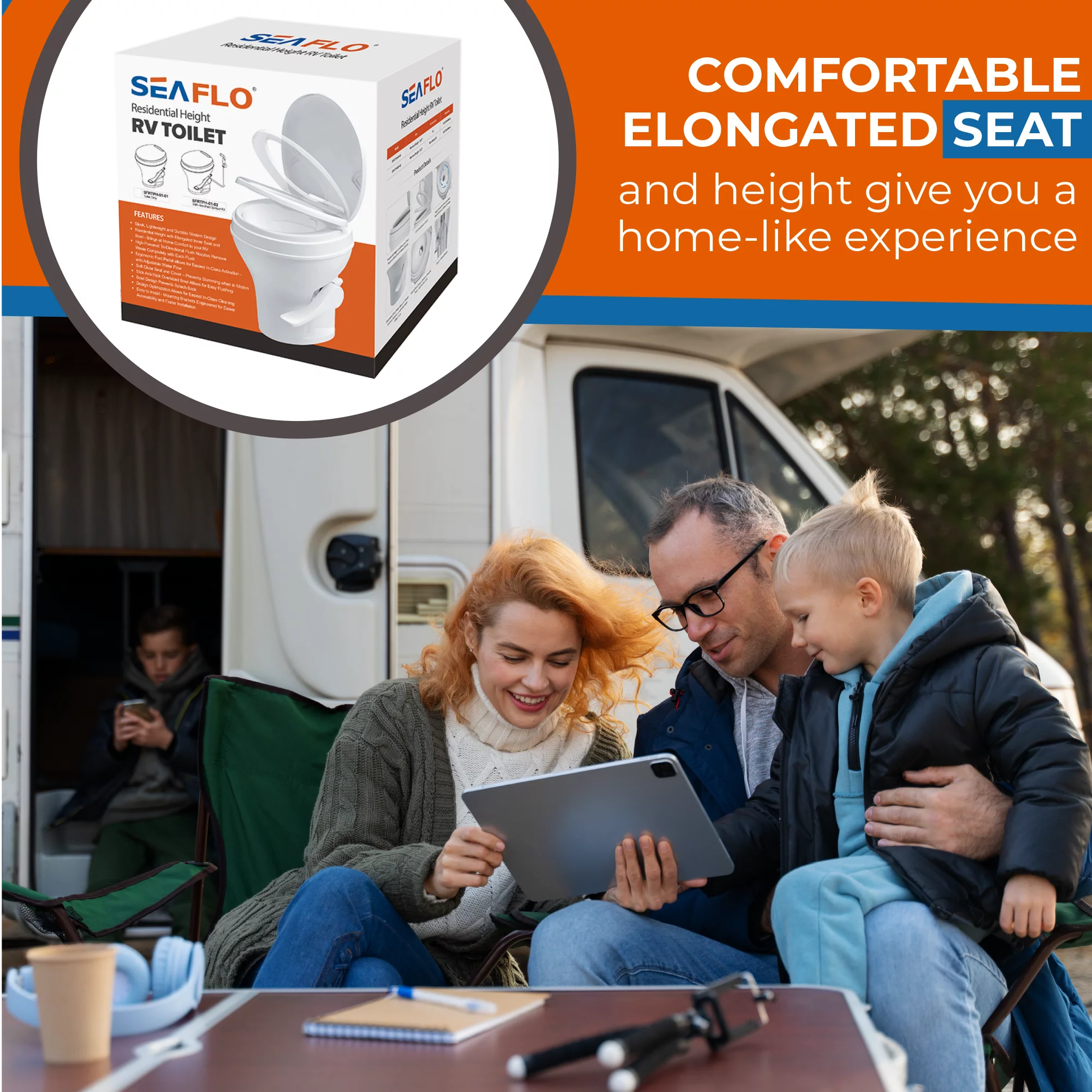 SEAFLO RV Toilet - Standard Height, Gravity Flush, Foot Pedal, Soft Close Lid