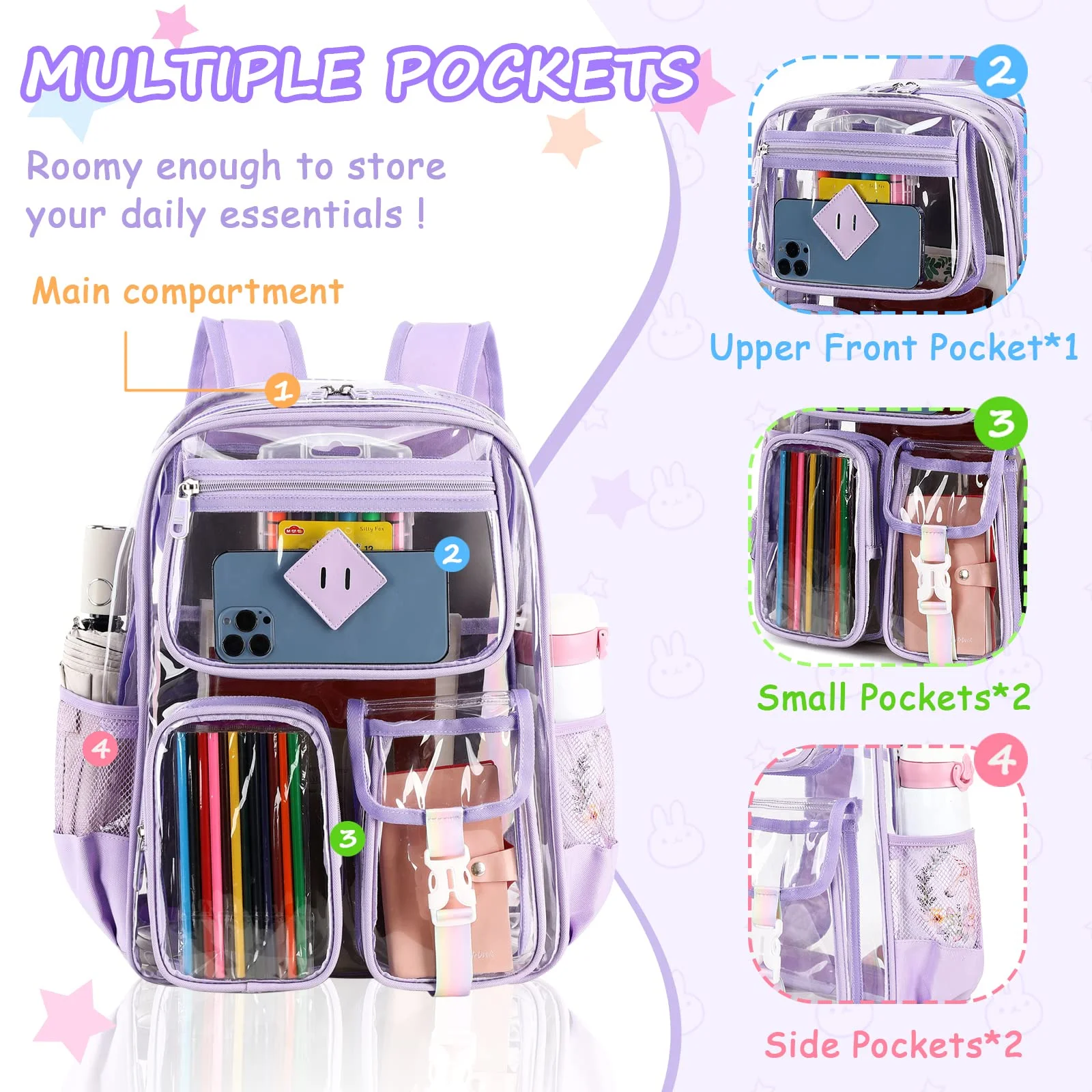 Sanmadrola Large Clear Backpack Heavy Duty Stadium Approved Girls Backpack Waterproof Pvc Transparent Backpacks for Girls Clear Bag with Reinforced Strap for School Work Travel Festival, Purple