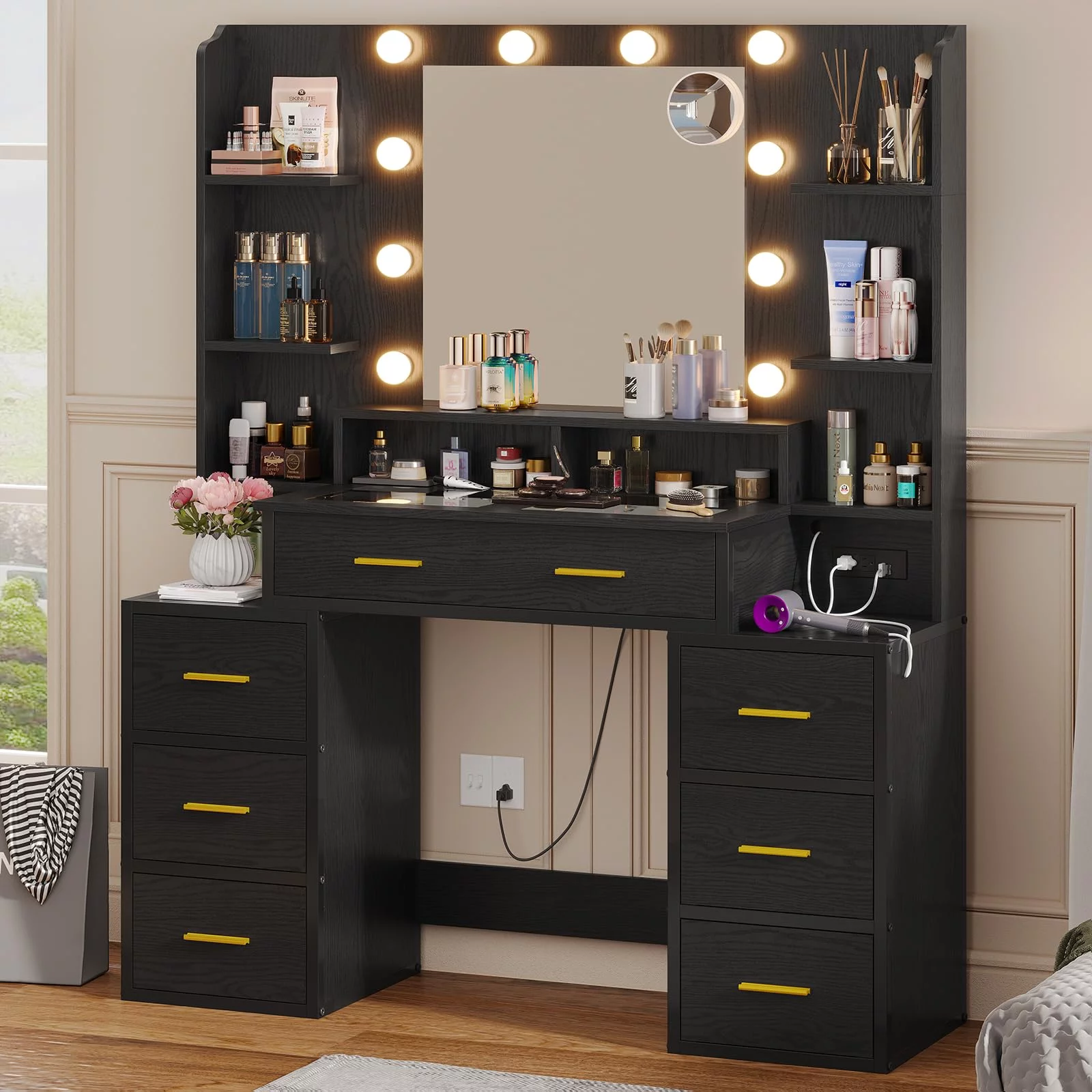 Afuhokles Glass Top Vanity Desk with Mirror and Lights, Makeup Vanity with Lights, Charging Station, 8 Drawers, Acrylic Dividers and Shelves, Black