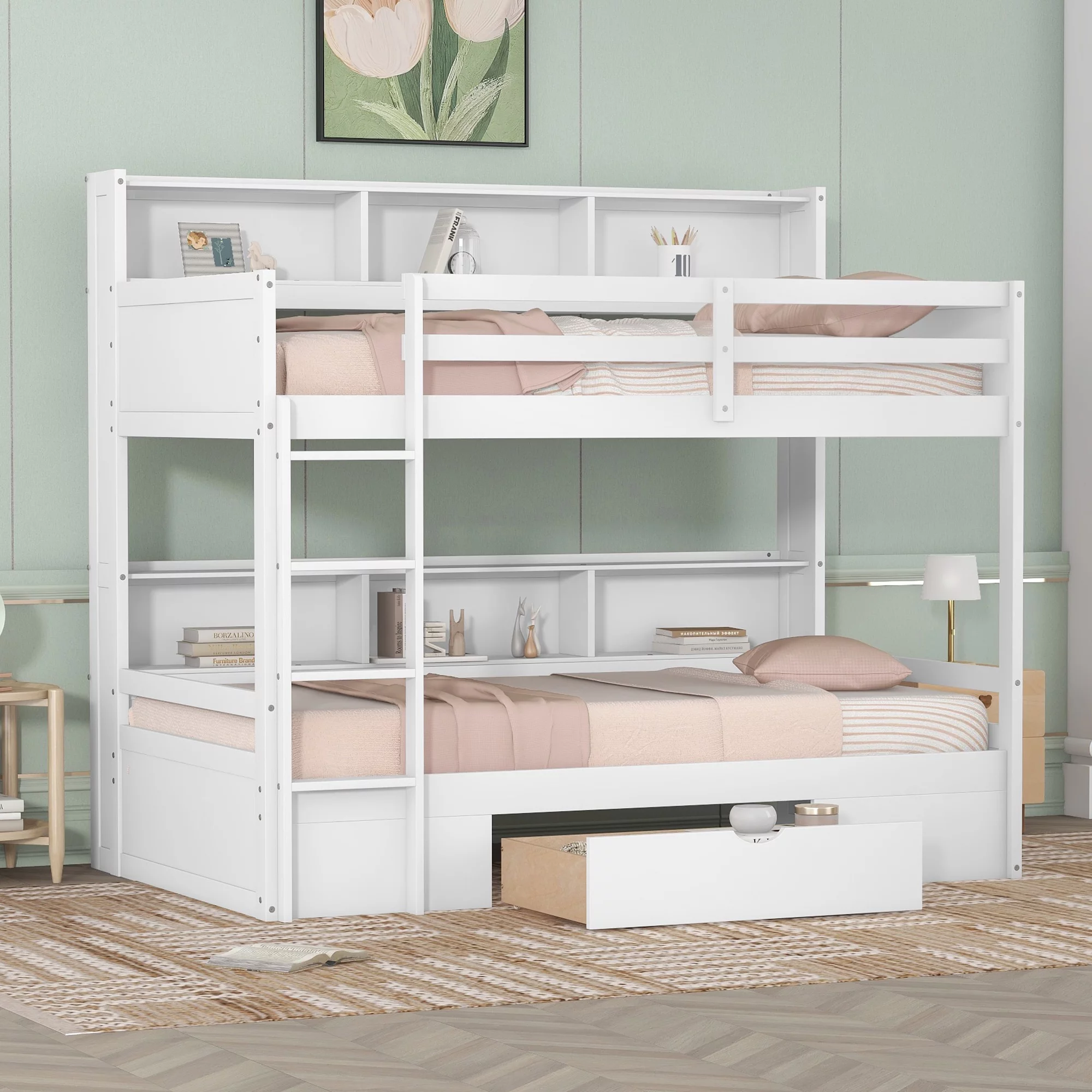 iRerts Twin Over Twin Bunk Bed with Storage Drawer, Wood Twin Bunk Bed with Built-in Shelves Beside Both Upper and Down Bed, Bunk Bed Twin Over Twin for Kids Teens Bedroom, No Box Spring Needed, White
