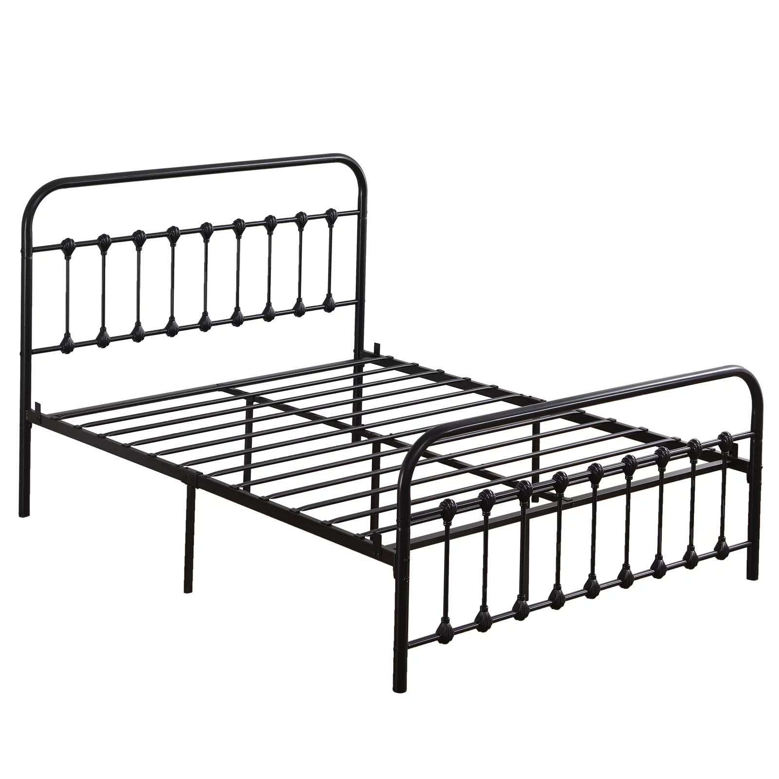 Queen Size Curved Frame Bed Head & Foot Iron Tube with Shell Decoration Black