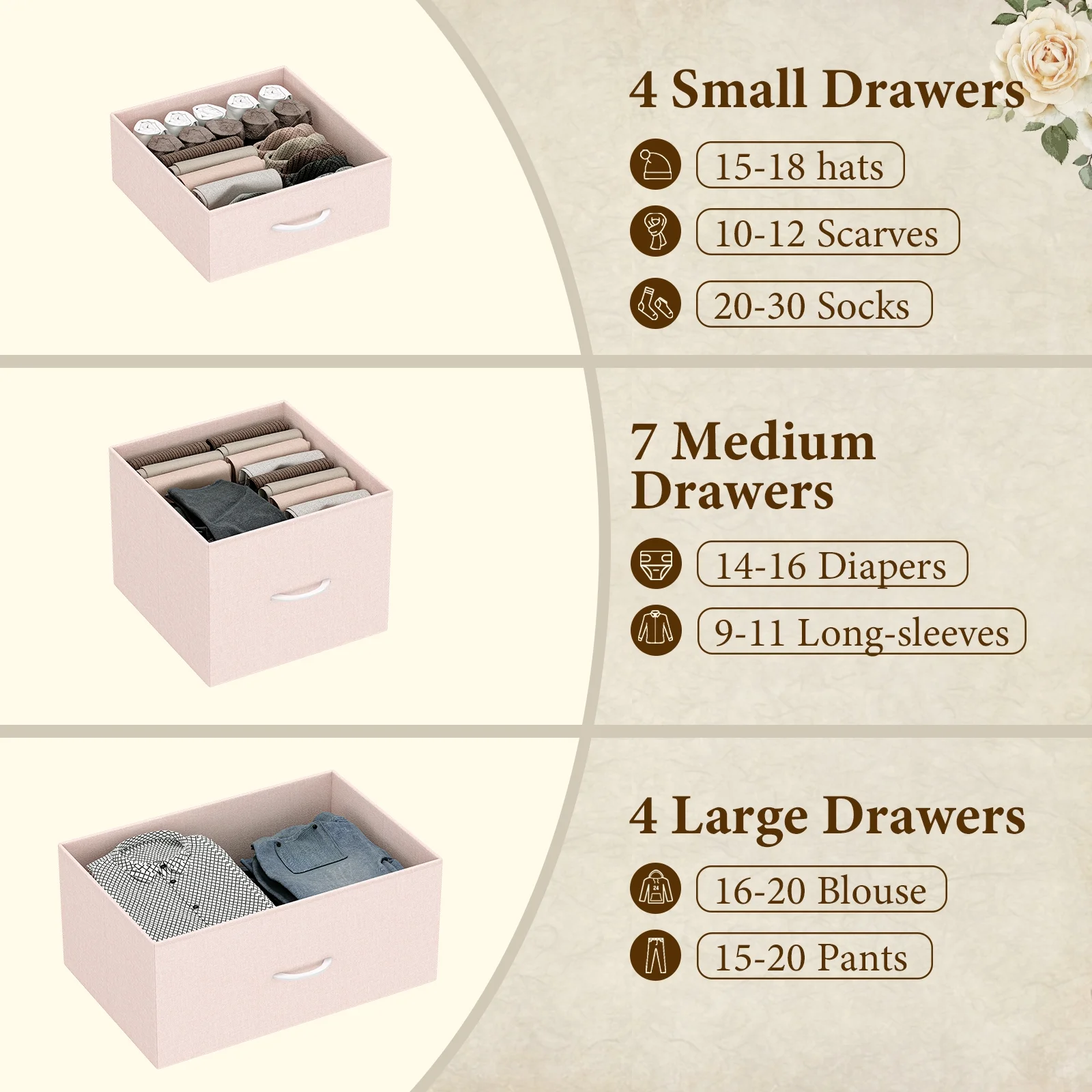 Towallmark 15 Drawer Dresser Chest of Drawers for Bedroom Living Room, Fabric Storage Organizer With Wood Top , Hallway, Closet, Nursery, Pink