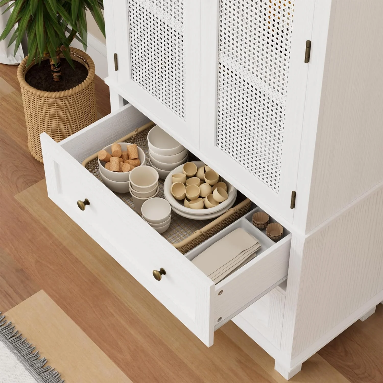 ONKER Kitchen Pantry Storage Cabinet, Tall Cabinet with Rattan Doors and 2 Drawers, Freestanding Cupboard with Adjustable Shelves, Utility Pantry for Kitchen, Dining Room,White