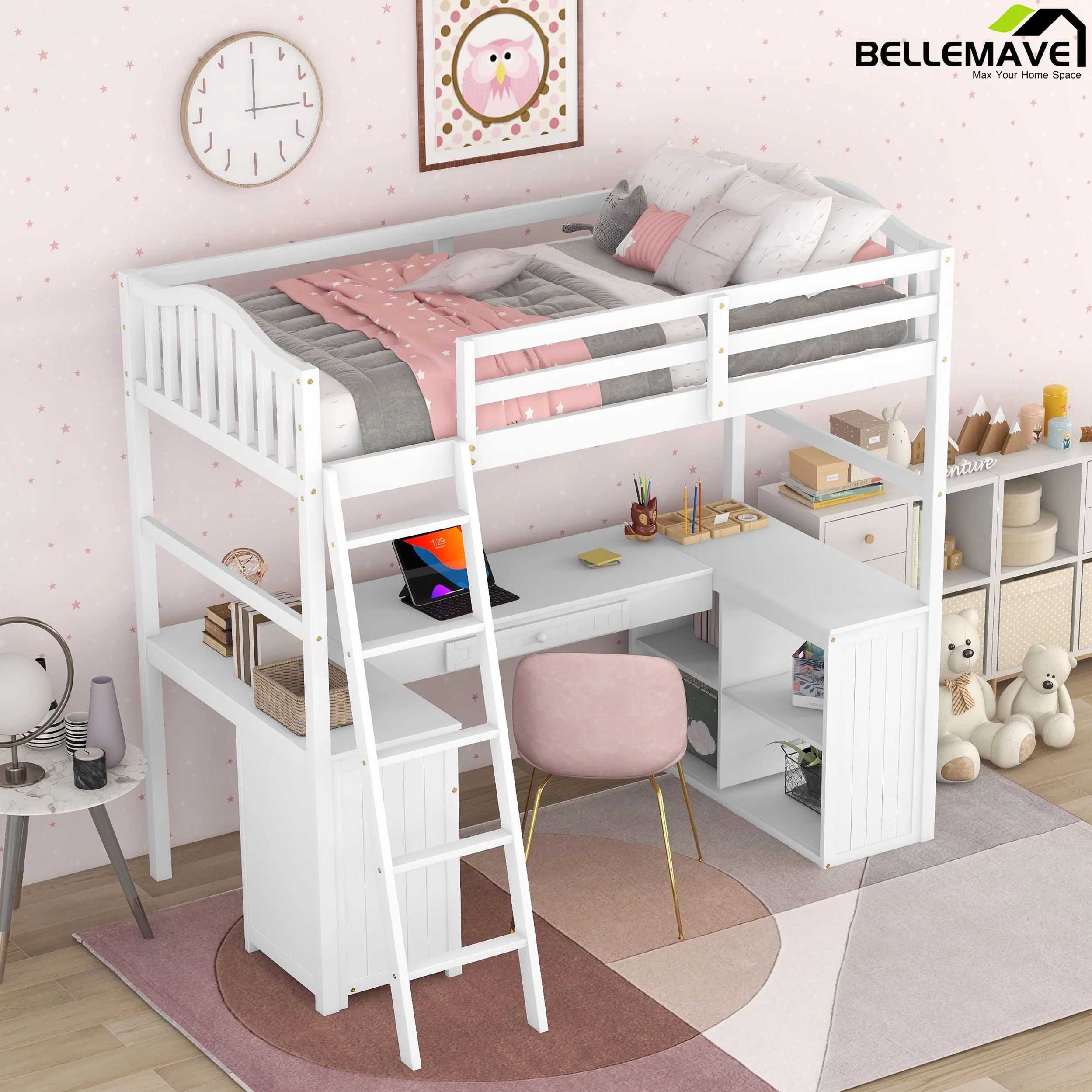 Bellemave Twin Size High Loft Bed with Desk and Drawers for Kids,Wooden Loft Bed Frame with Bookcase Shelves and Storage Cabinet for Kids,Teens,Adults,White