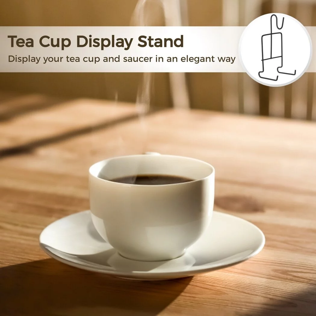 Cup and Saucer Display Stand, 8 Pcs Tea Cup and Saucer Holders, Teacup Coffee Mug Organizer Rack, Black Finish Metal Mug and Saucer Stand for Tea Coffee Cups Plates
