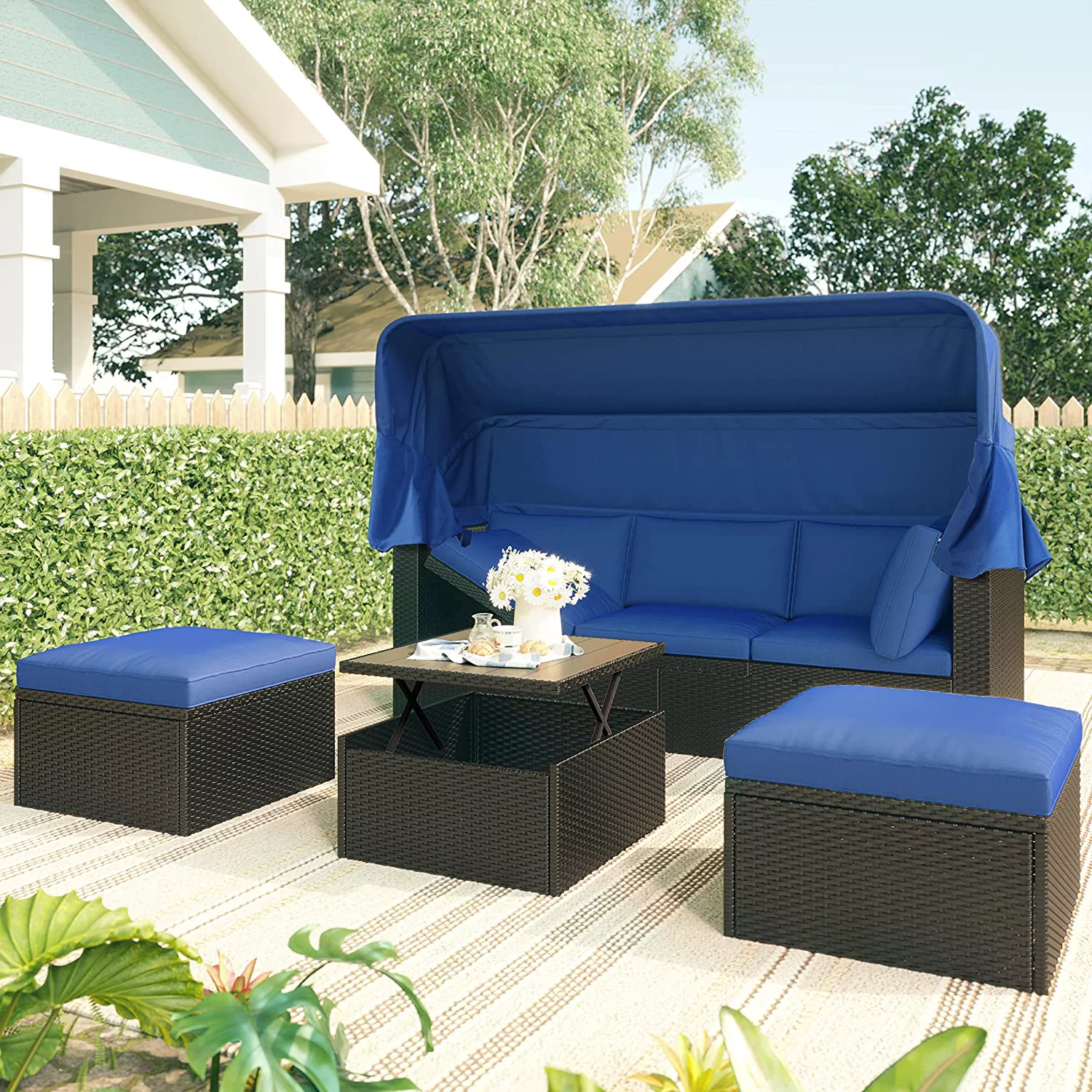 Outdoor Patio Rectangle Daybed with Retractable Canopy,All-Weather Wicker Sectional Furniture Set with Cushions and Lifting Table for Backyard Porch, Blue