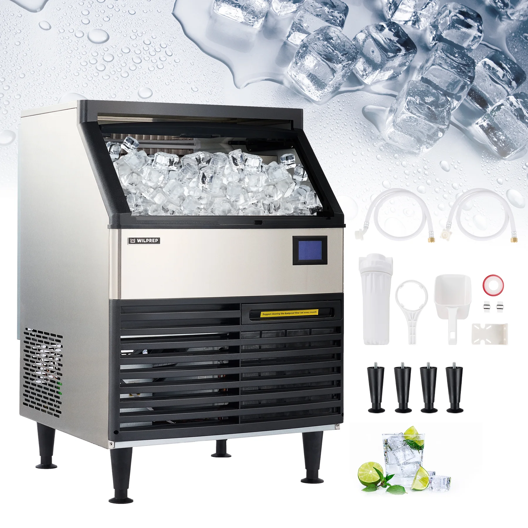 WILPREP Commercial Ice Maker 175lb Daily Production with 90pc Yield 78lb Storage