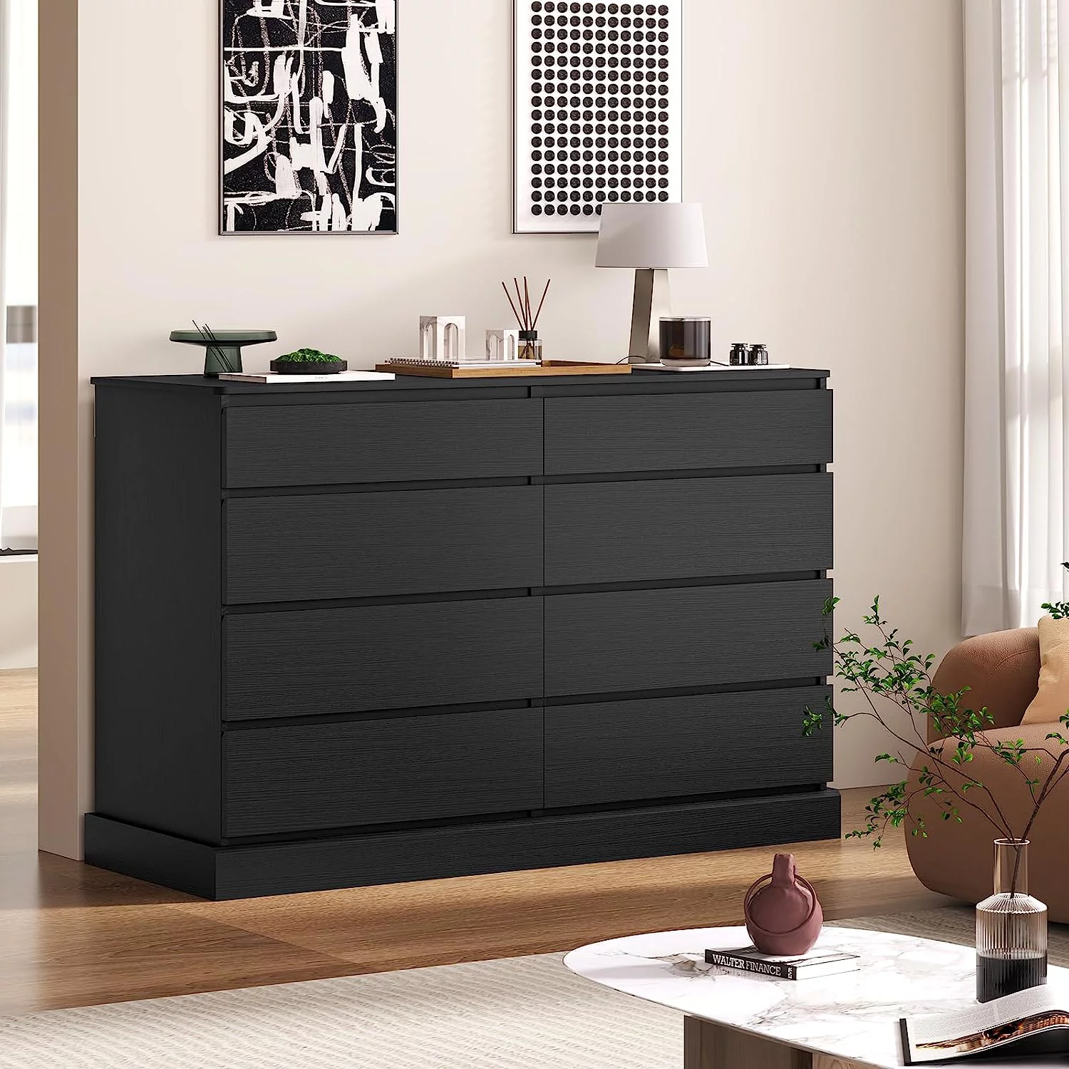 8 Drawers Double Dresser Wooden Black Dresser Chest of Drawers for Bedroom, Large Storage Cabinet for Home Living Room