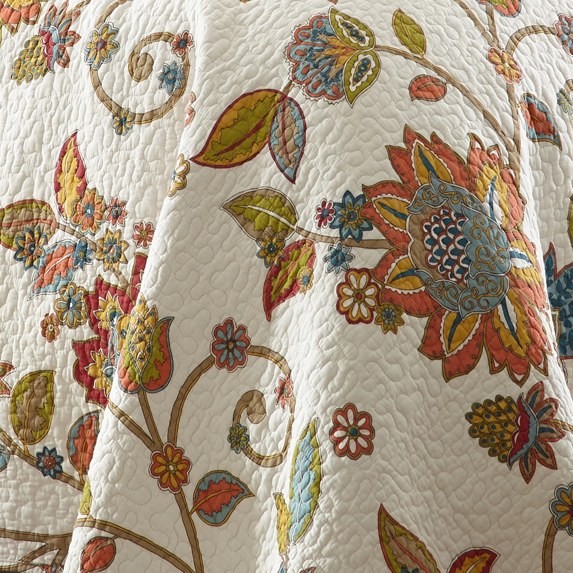 Levtex Home - Clementine Quilt Set - King Quilt + Two King Pillow Shams - Floral - Orange , Yellow, Teal, Ivory - Quilt (106x92in.) and Pillow Shams (36x20in. ) - Reversible - Cotton Fabric