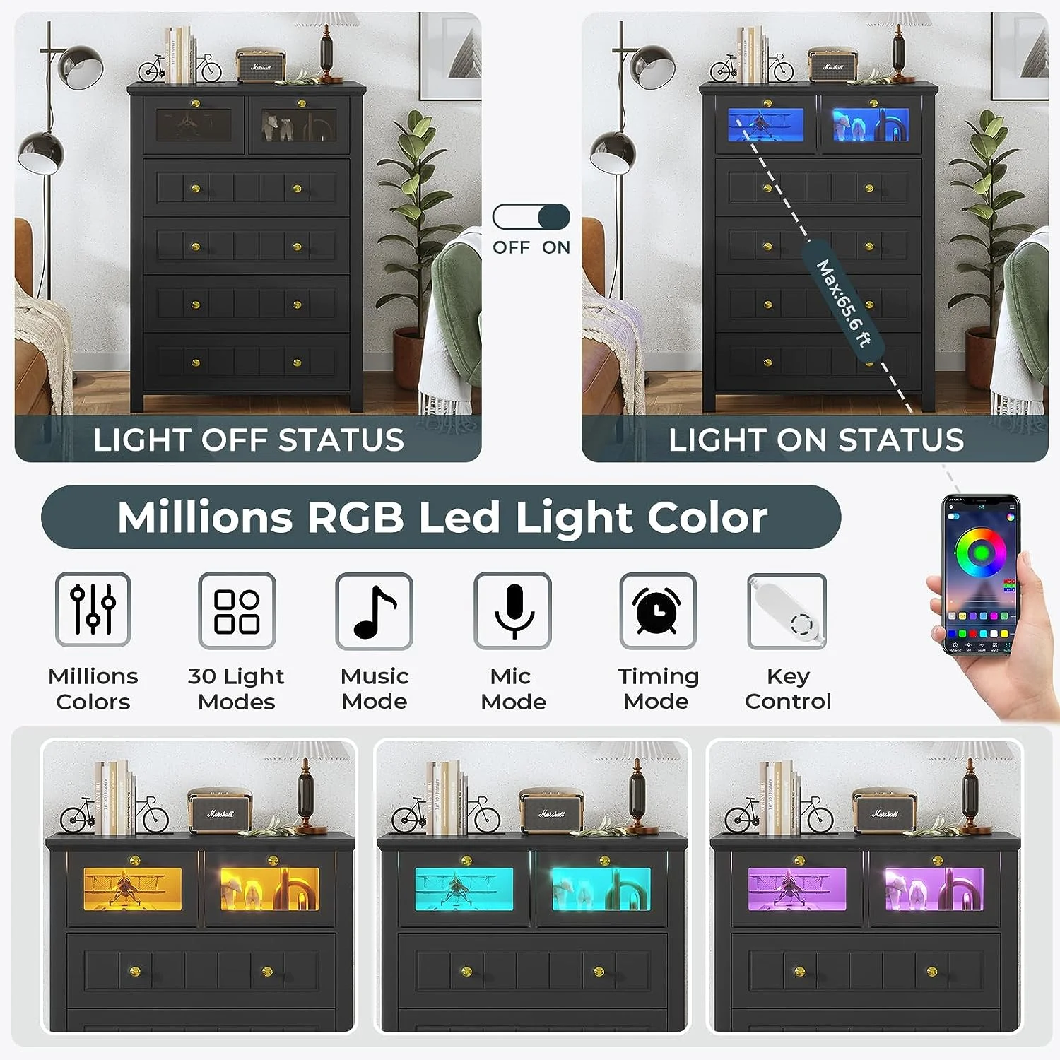 AOGLLATI Black Dresser for Bedroom with Led Light, 6 Drawer Dresser with Milled Grooves Design, Tall Led Dresser for Bedroom Closet