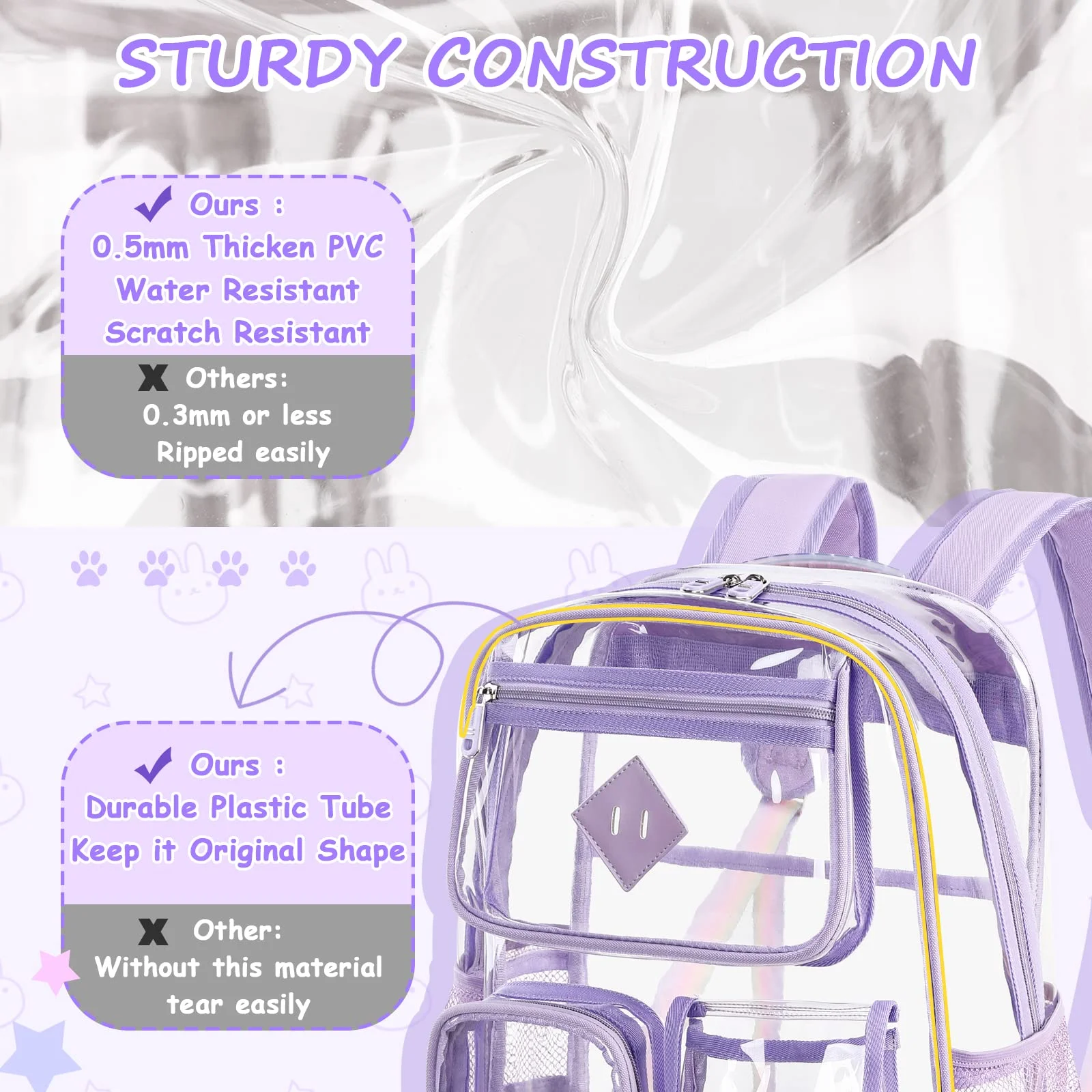 Sanmadrola Large Clear Backpack Heavy Duty Stadium Approved Girls Backpack Waterproof Pvc Transparent Backpacks for Girls Clear Bag with Reinforced Strap for School Work Travel Festival, Purple