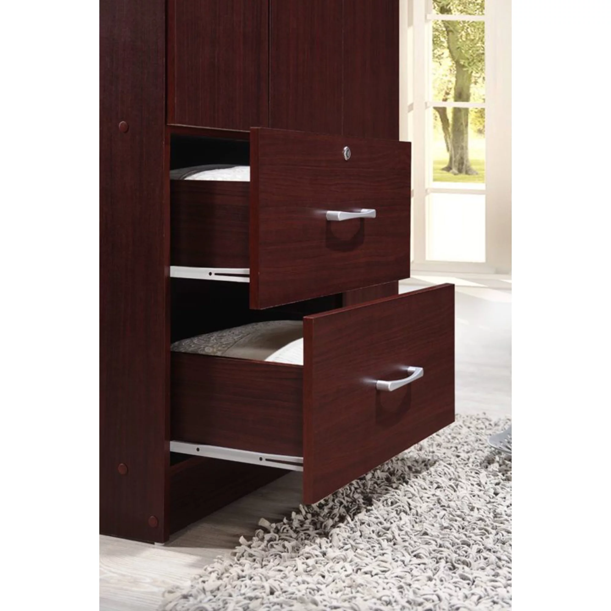 Hodedah Import 3 Door Armoire with Rod, Shelves, and 2 Drawers, Mahogany