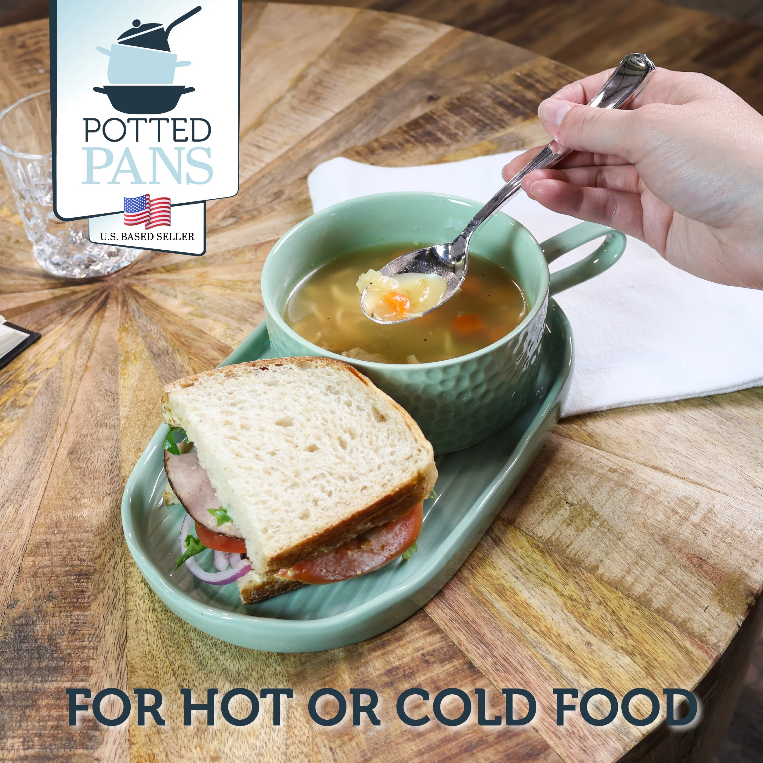 Potted Pans Soup and Sandwich Set of 1 - 16oz Mint Soup Bowl with Serving Plate