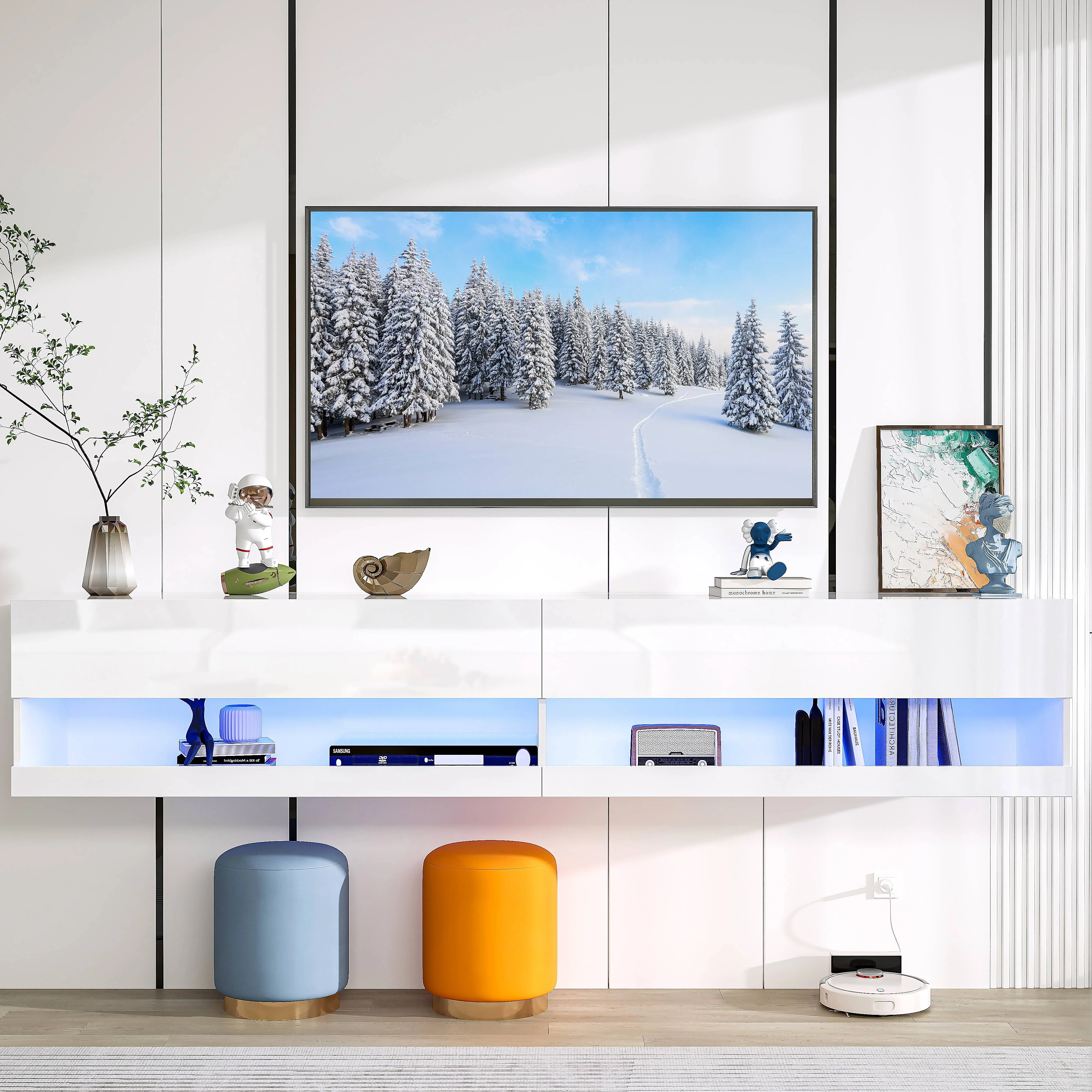 Floating TV Stand for 80 inch TVs, Paproos 71in Long LED Floating TV Cabinet, High Gloss Floating Entertainment Center with APP/Remote Control, Media Console Cabinet Living Room, White