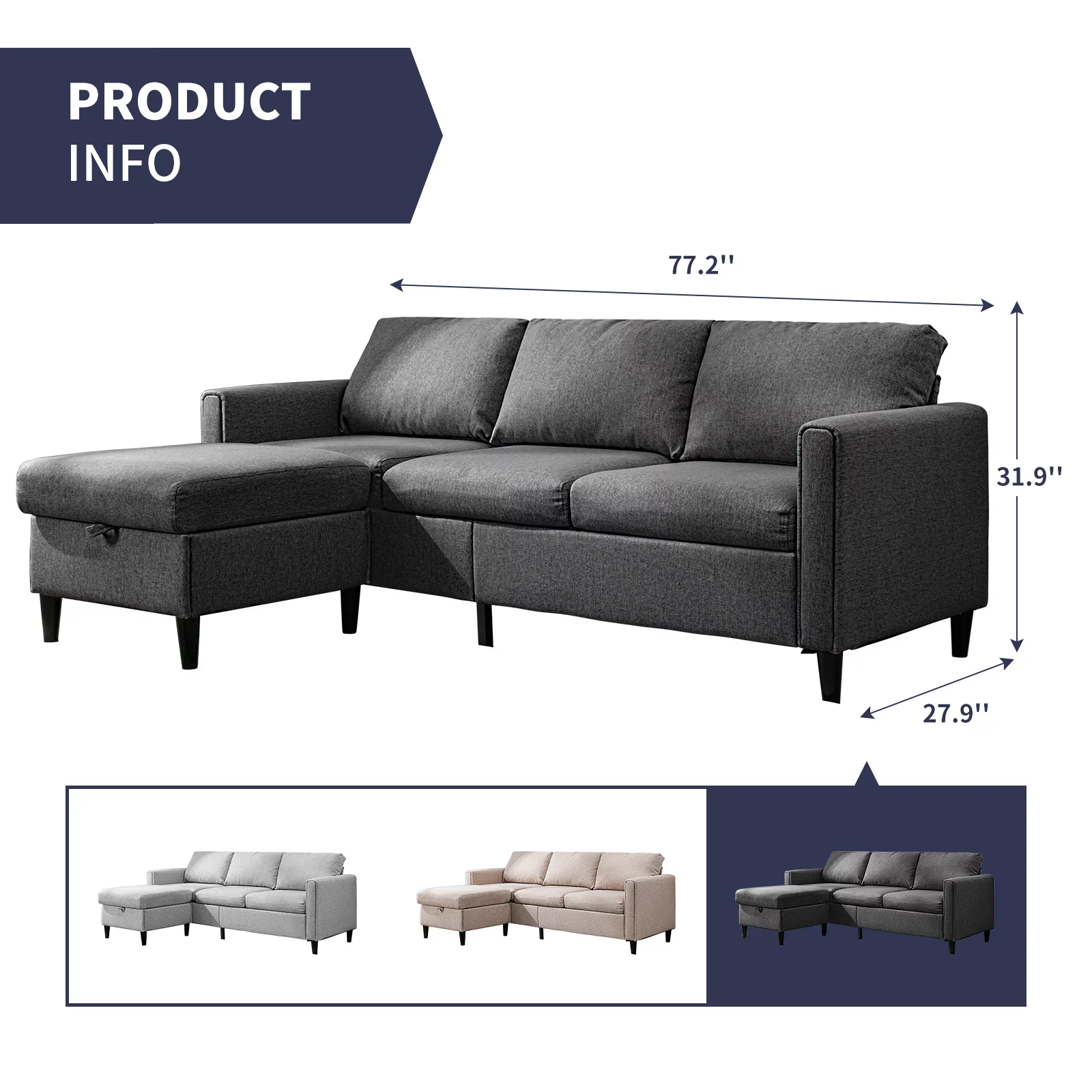 ZAFLY Sectional Sofa Couch, 3 Seat Sofa with Flexible Storage Ottoman, Modern L-Shape Linen Couches for Living Room/Office  - Dark Grey