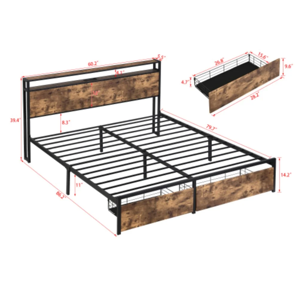 Queen Bed Frame, Storage Headboard with Charging Station, Solid and Stable, Noise Free, No Box Spring Needed, Easy Assembly  Antique brown + Metal & Wood + Bedroom + Queen + Bed Frame + Metal
