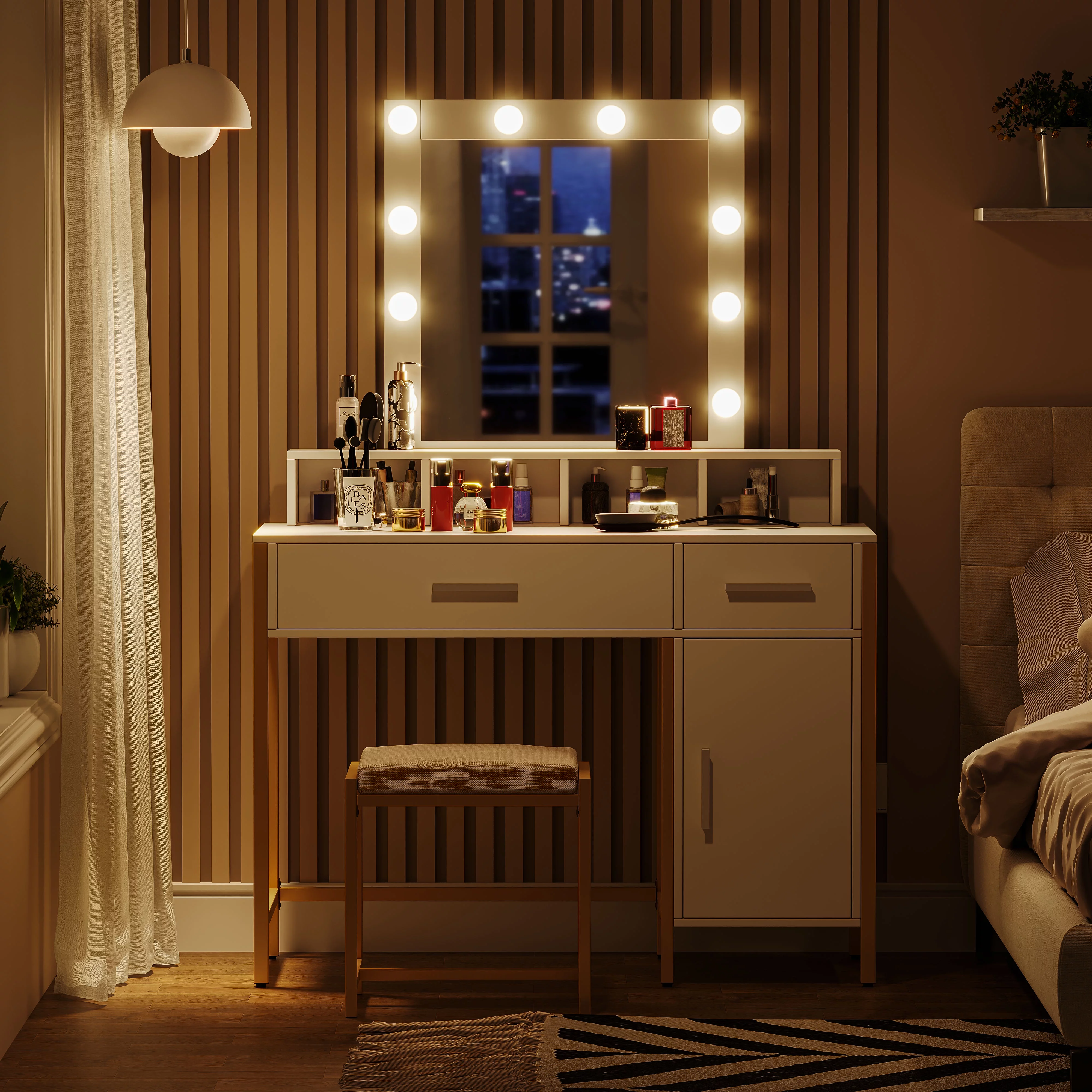 Reettic Vanity Table Set with Lighted Mirror, Makeup Vanity Desk with Storage Cabinet and Drawers, Cushioned Stool, Adjustable Brightness, White RSZT201W