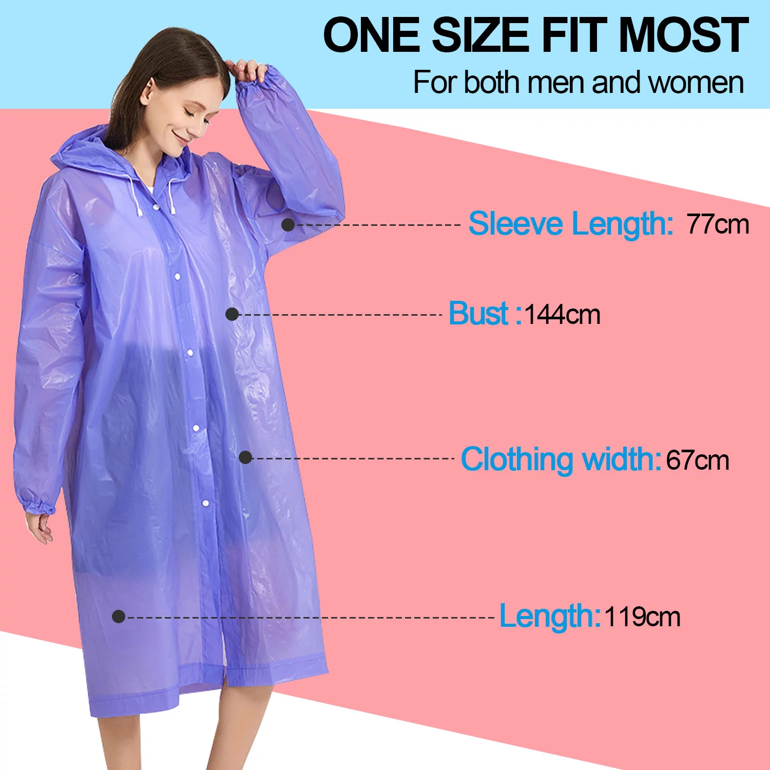Raincoat Waterproof Rain Coat Poncho Long Rain Jackets Lightweight with Drawstring Hood for Men Women (Pink 1 pack + Purple 1 Pack)
