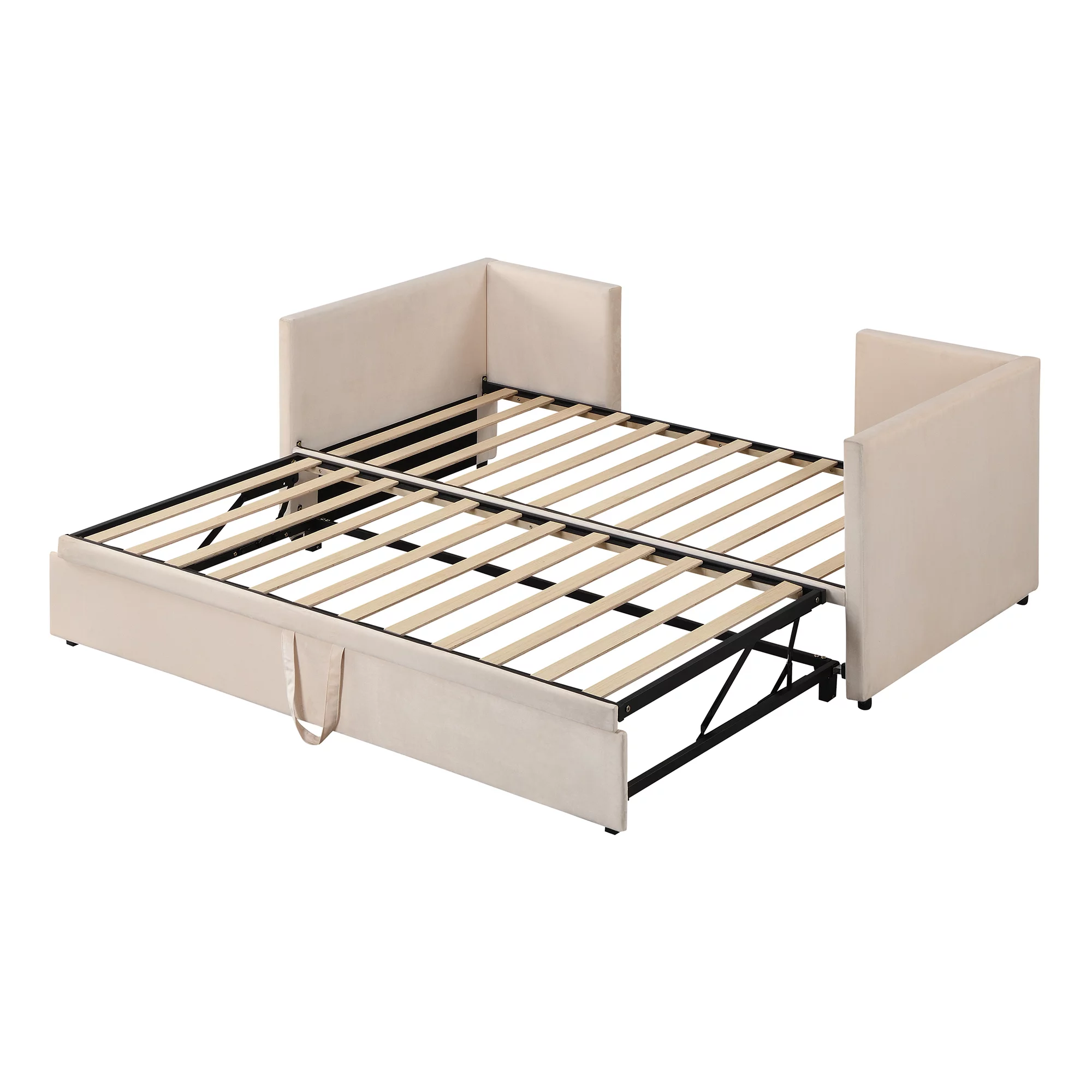 Bellemave Upholstered Daybed with Pop up Trundle, Wooden Twin Size Sofa Beds with Extendable Trundle Beds, Twin to King Daybed Frame for Bedroom or Living Room （Beige)