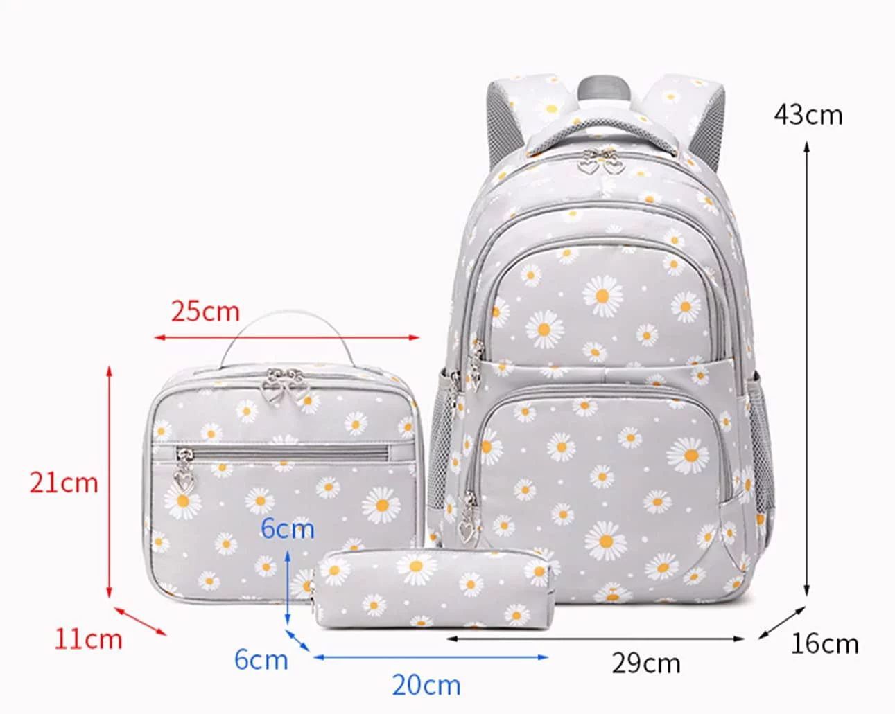 3Pcs Daisy Prints Backpack for Girls Bookbag set Primary School Daypack Elementary Students Knapsack with Lunch Box