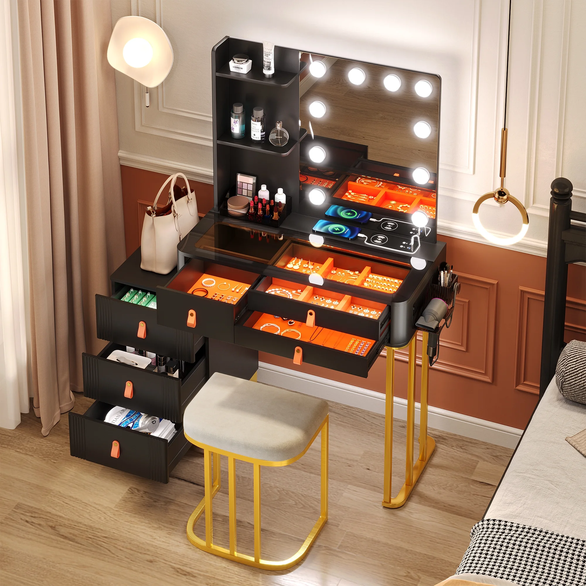 FREDEES Makeup Vanity Desk Set with Hollywood Mirror and Led Lights and Charging Station for Bedroom, Black