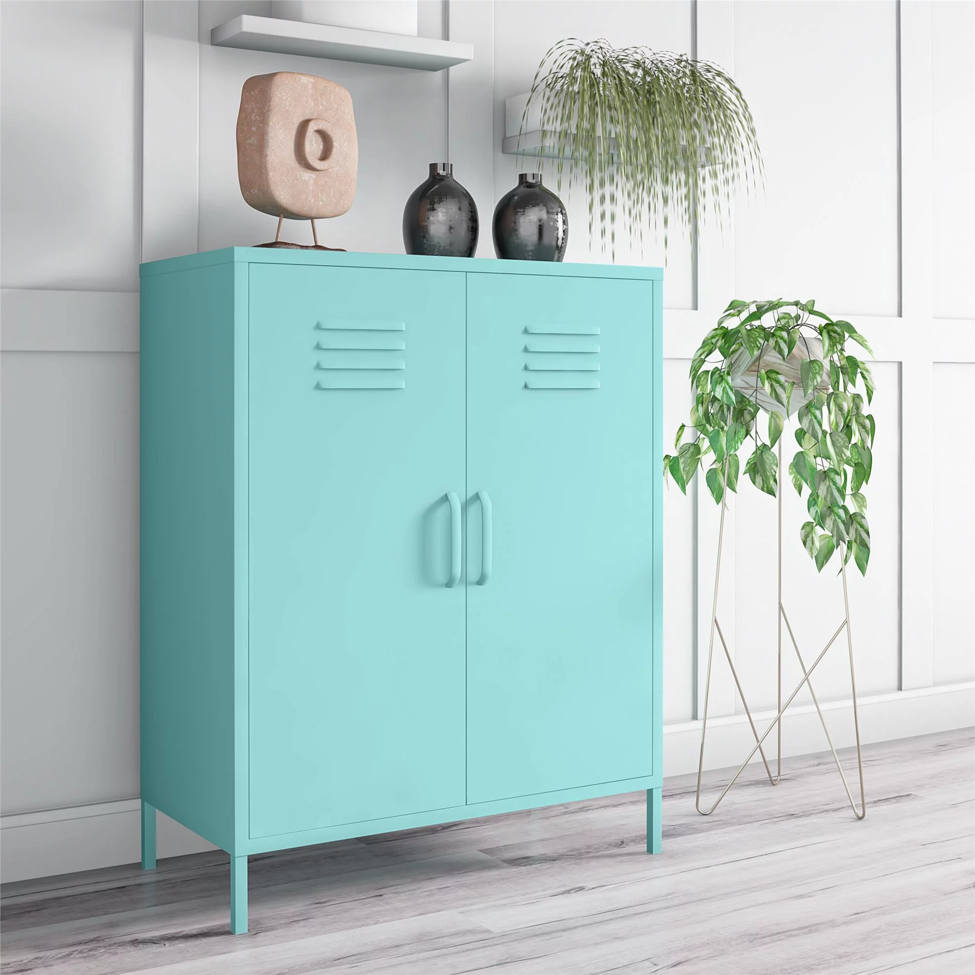 Novogratz Cache 2 Door Metal Locker Style Storage Accent Cabinet, Mint