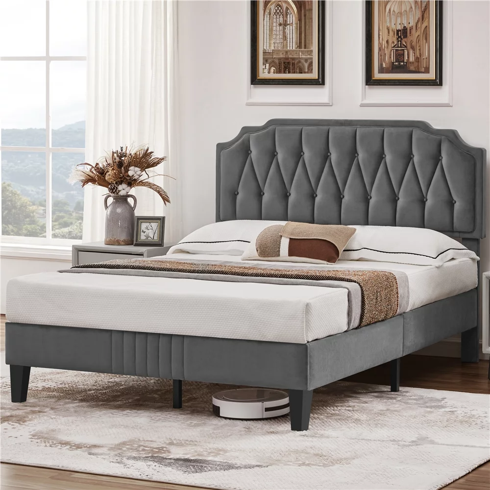 Easyfashion Upholstered Full Bed with Adjustable Headboard for Adult, Dark Gray