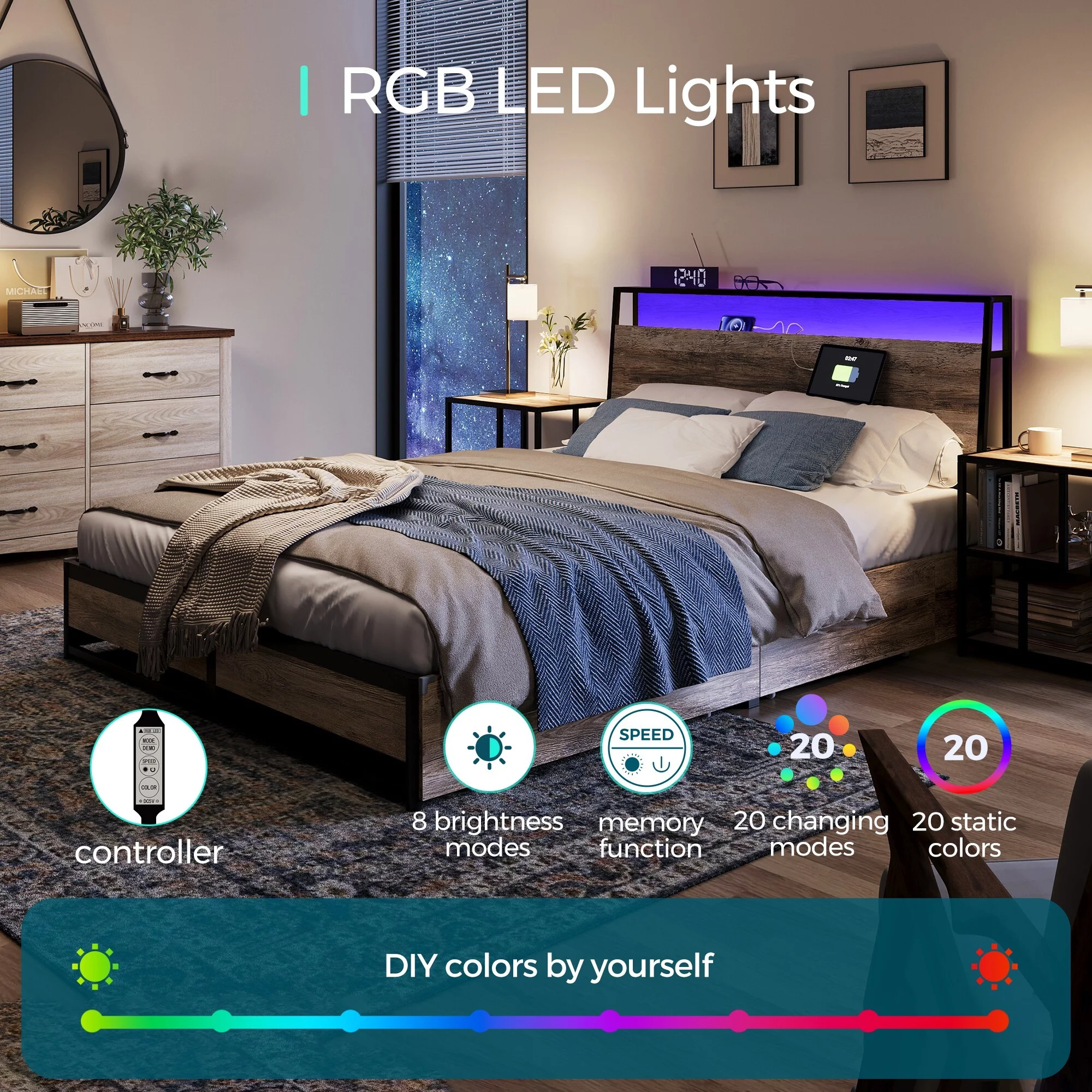 Linsy Home Queen Size Platform Bed Frame with Storage Headboard and 4 Storage Drawers, No Box Spring Needed, Light Grey